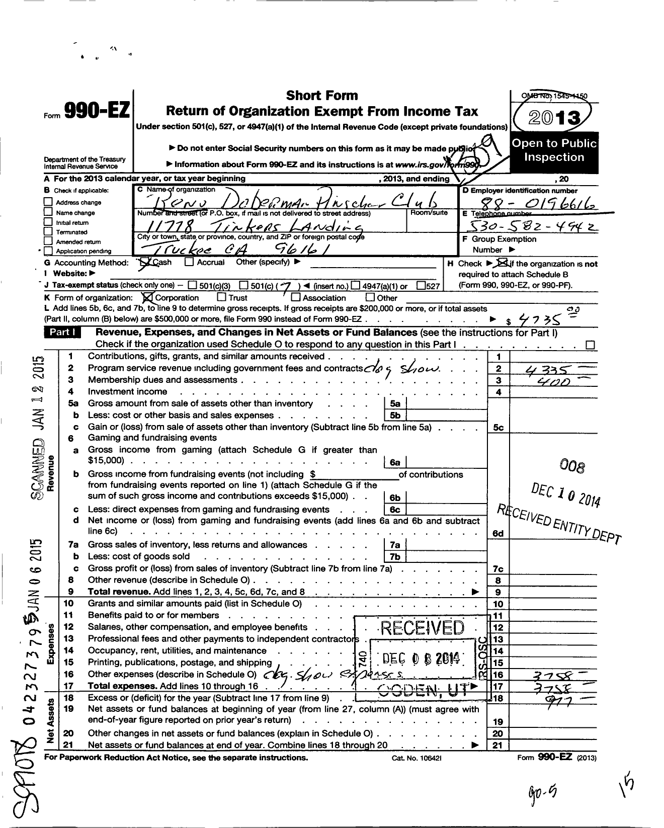 Image of first page of 2012 Form 990EO for Doberman Pinscher Club of Reno