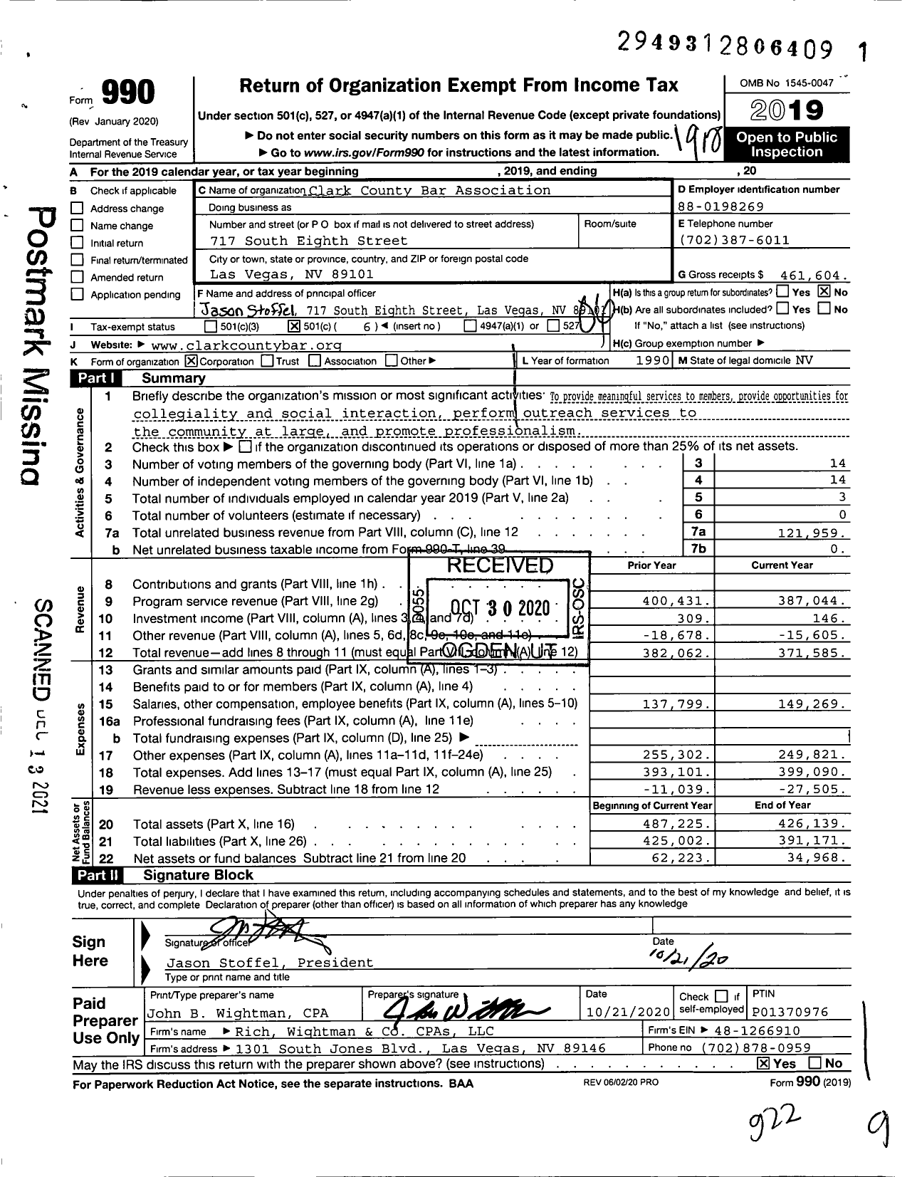 Image of first page of 2019 Form 990O for Clark County Bar Association