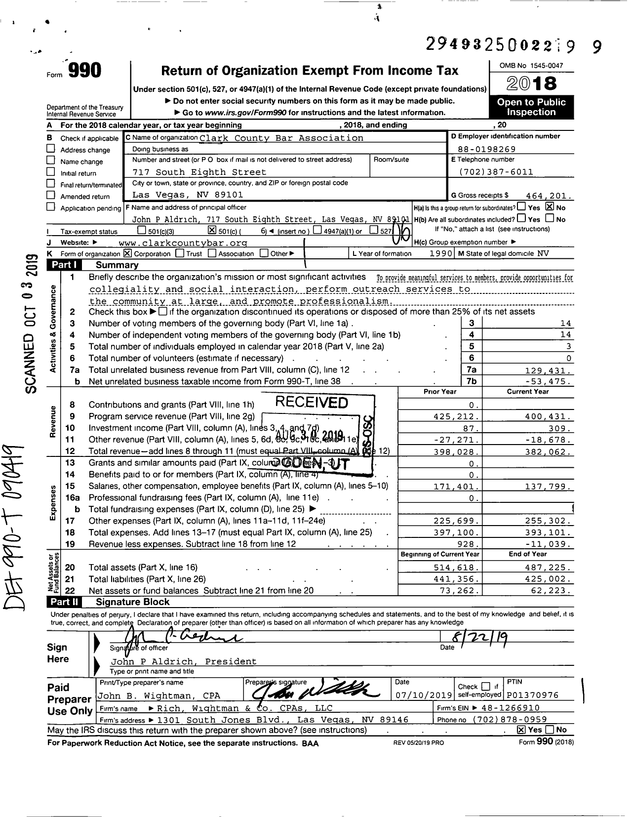 Image of first page of 2018 Form 990O for Clark County Bar Association