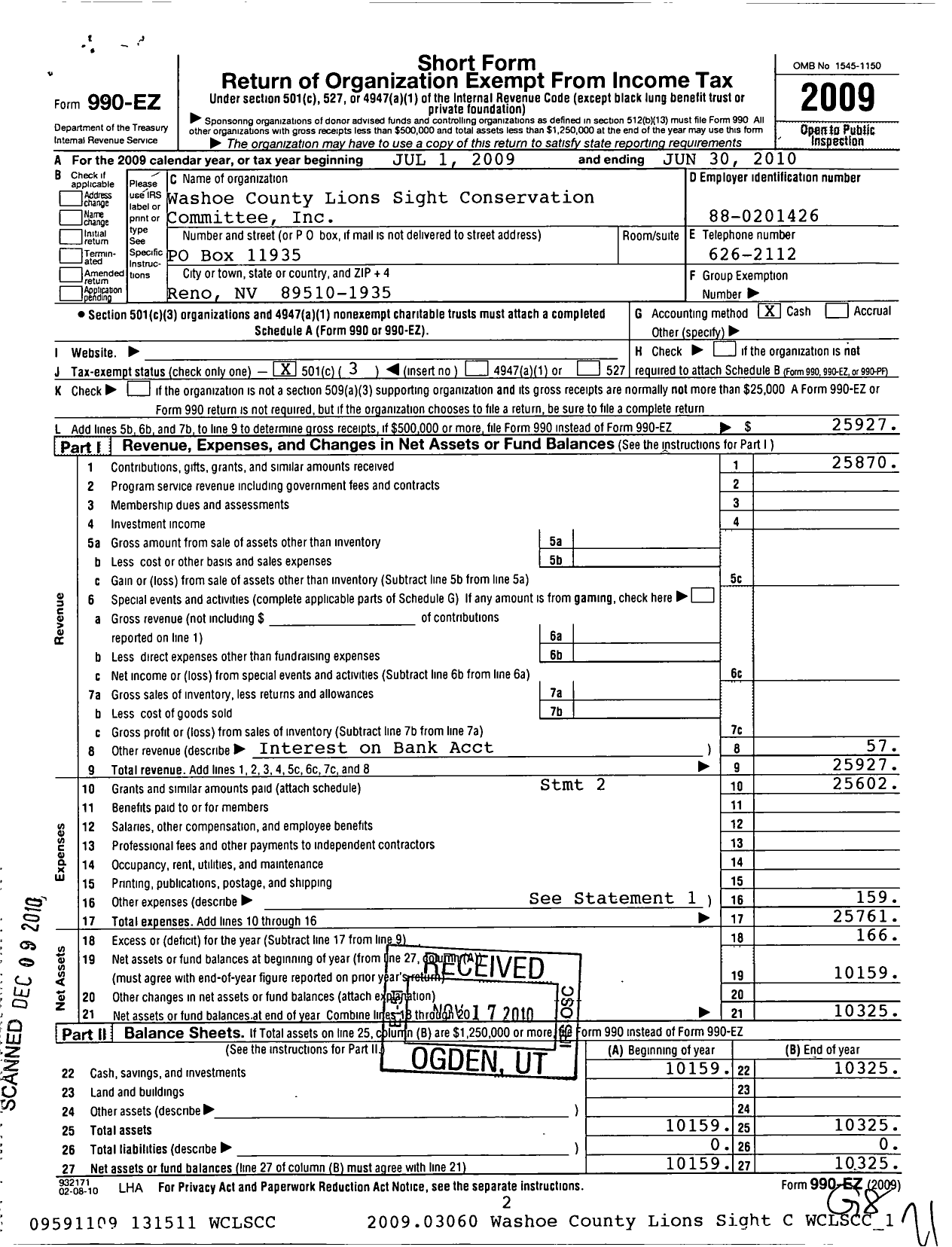 Image of first page of 2009 Form 990EZ for Washoe County Lions Sight Conservation Committee