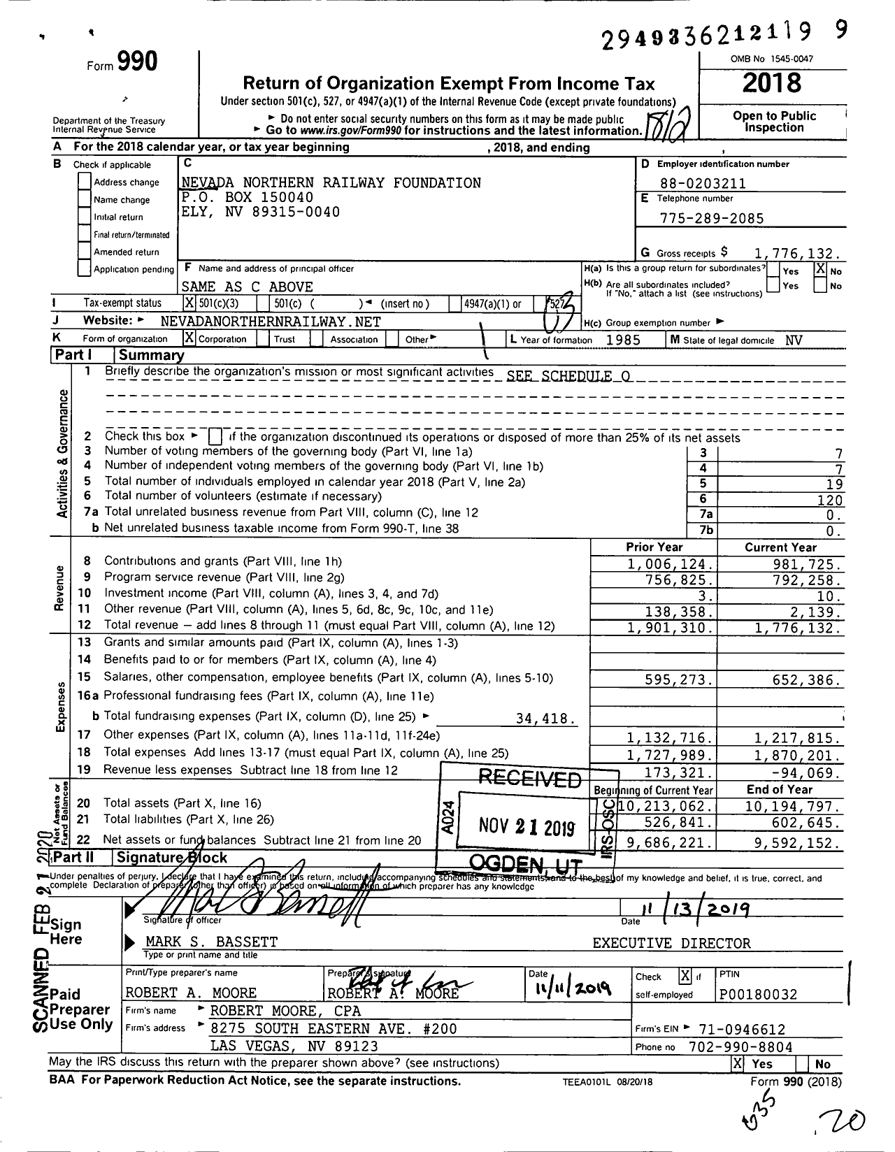 Image of first page of 2018 Form 990 for Nevada Northern Railway Museum