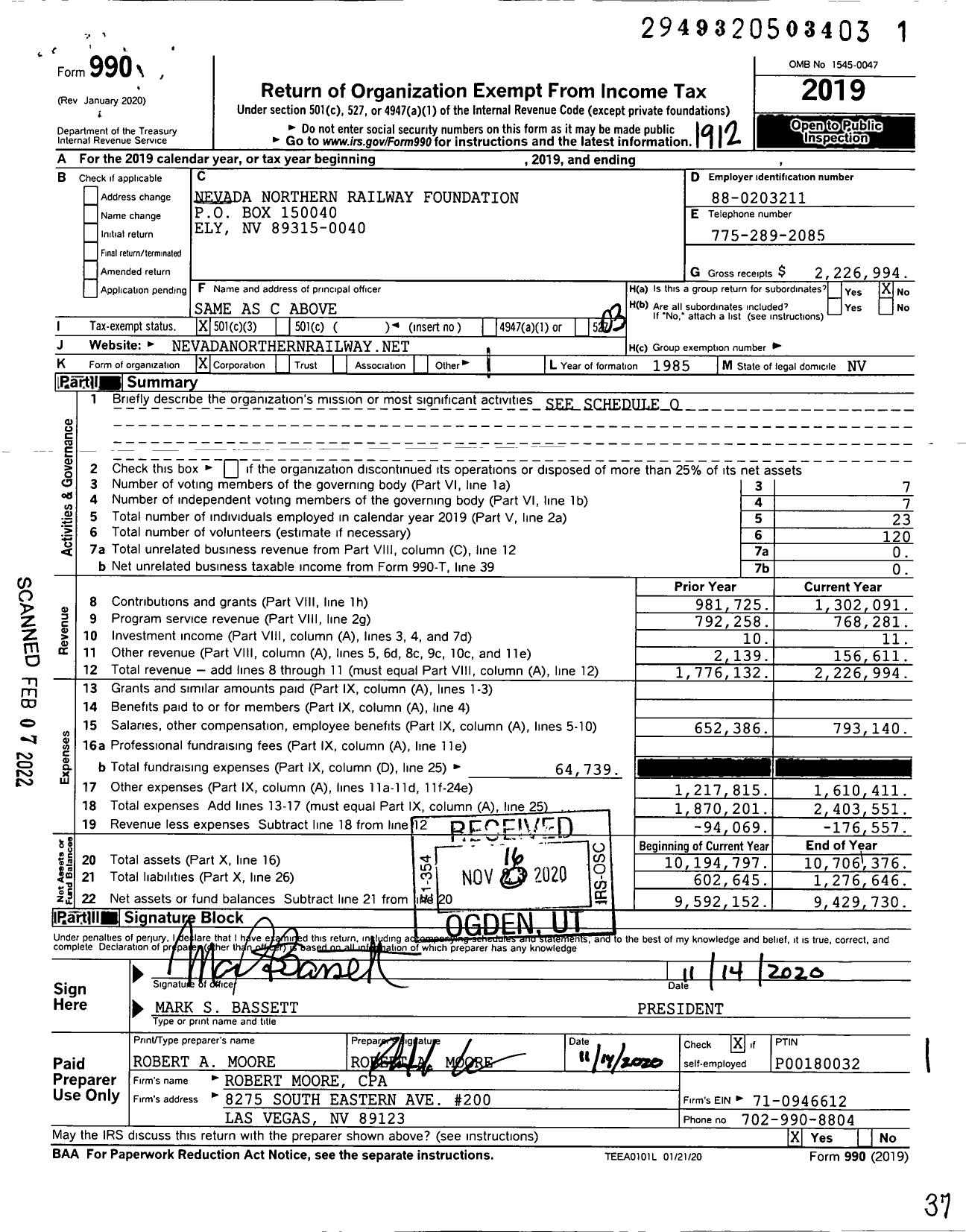 Image of first page of 2019 Form 990 for Nevada Northern Railway Museum