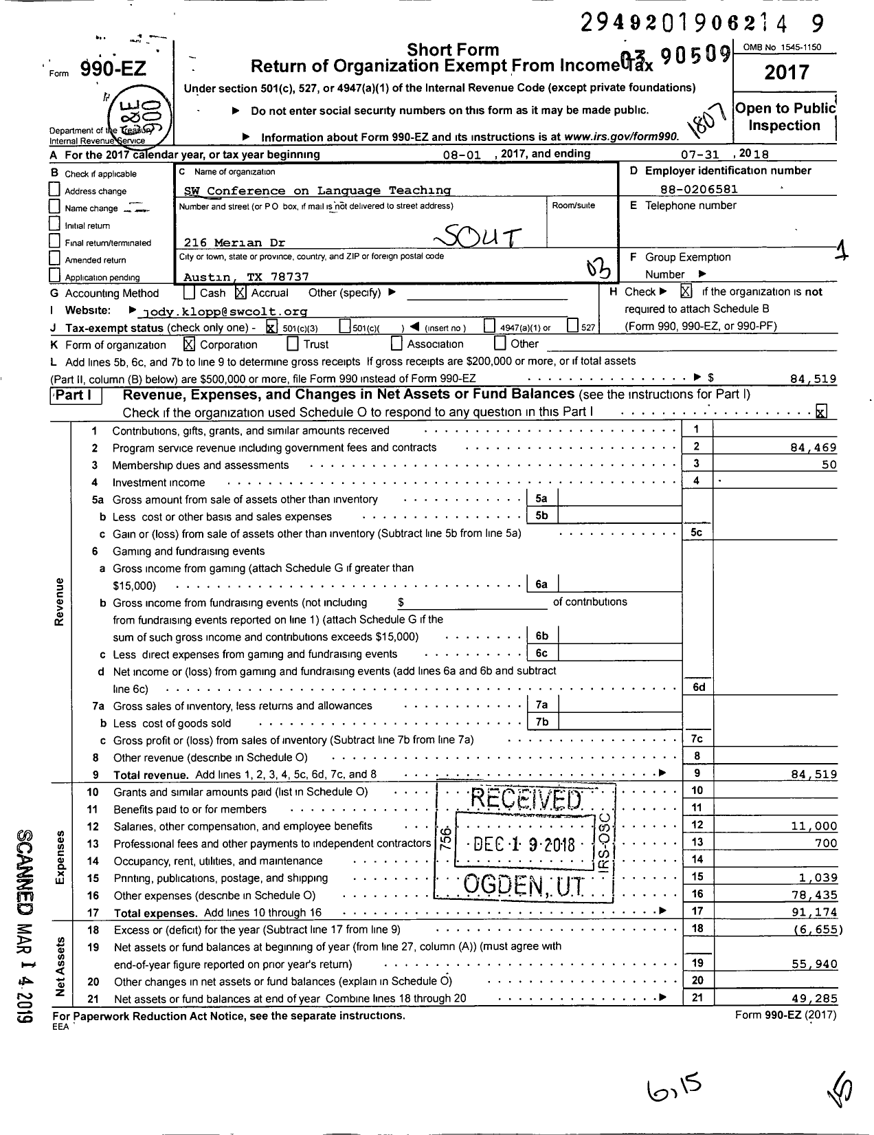 Image of first page of 2017 Form 990EZ for Southwest Conference on Language Teaching