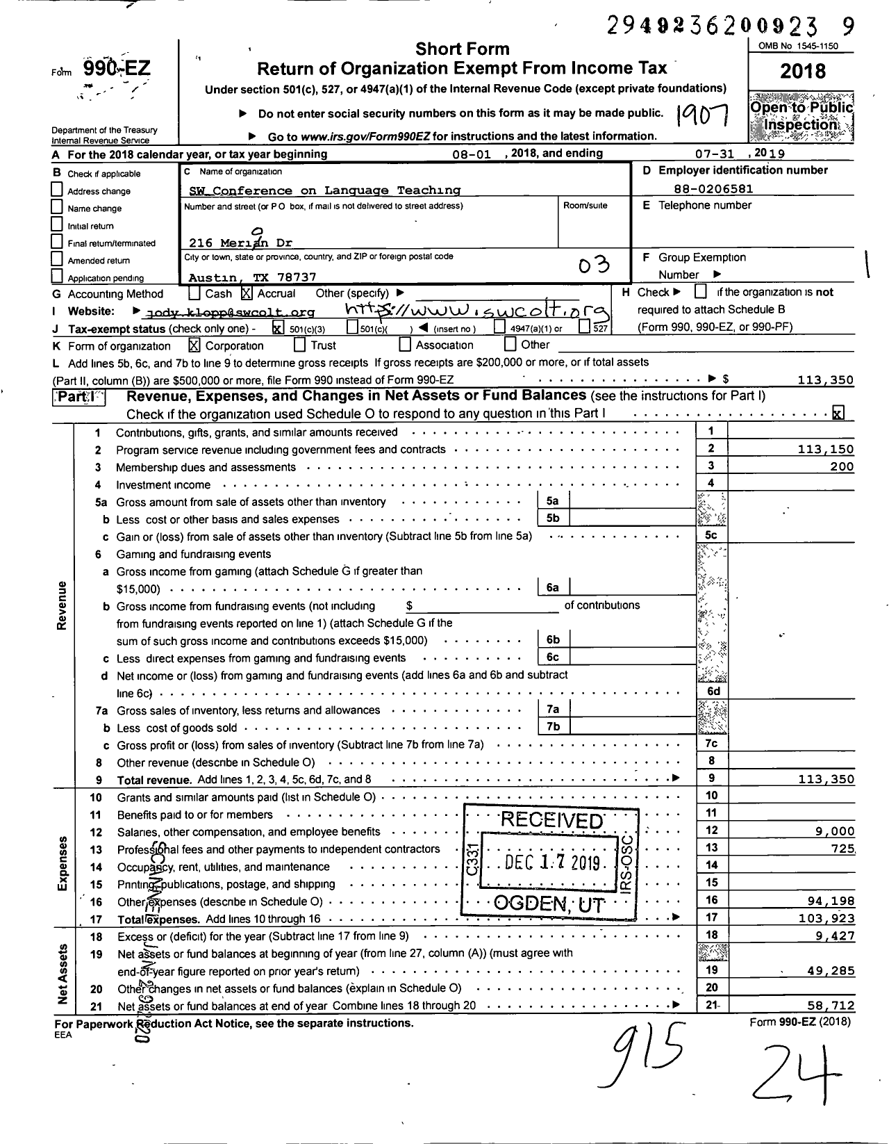 Image of first page of 2018 Form 990EZ for Southwest Conference on Language Teaching