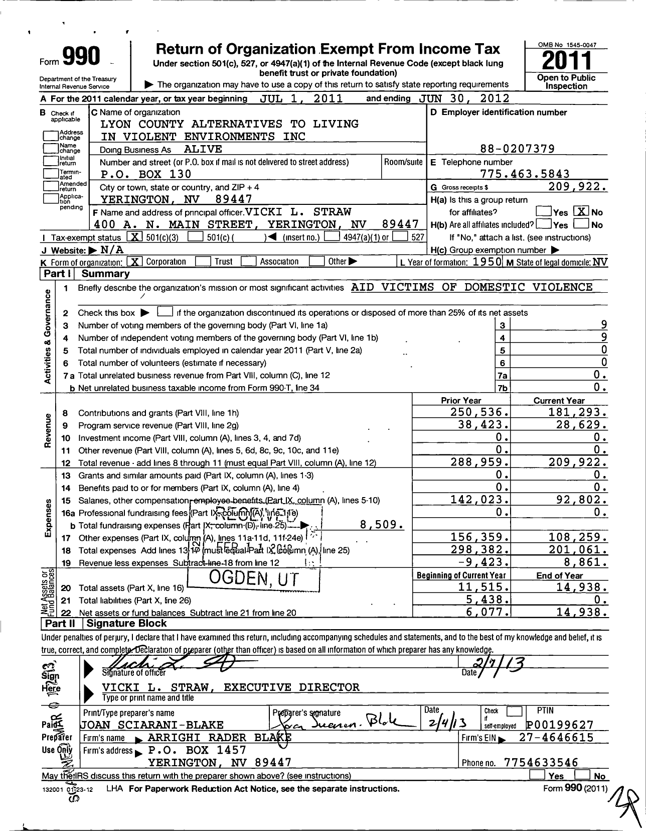 Image of first page of 2011 Form 990 for Lyon County Alternatives To Living in Violent Environments