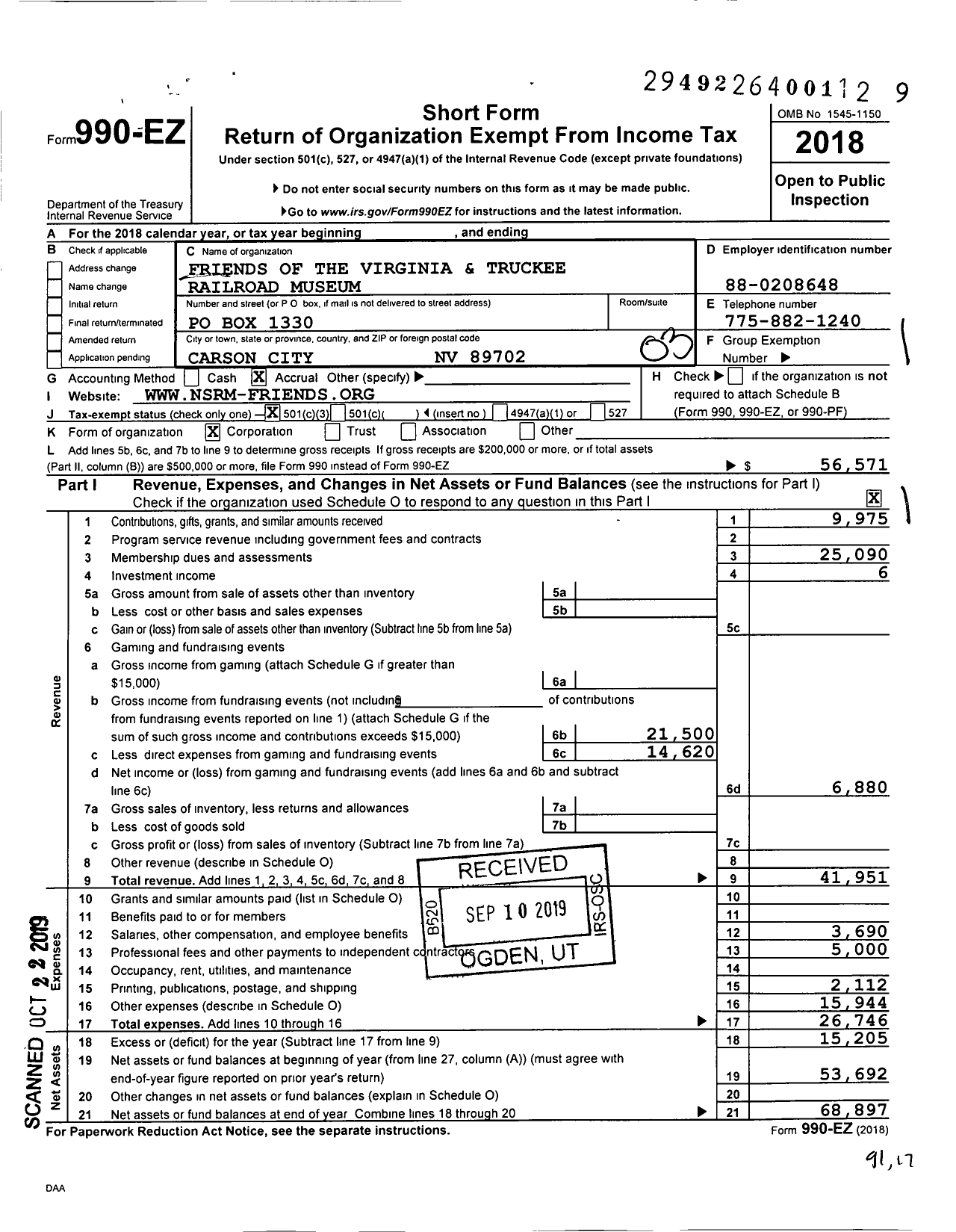 Image of first page of 2018 Form 990EZ for Friends of the Nevada State Railroad Museum