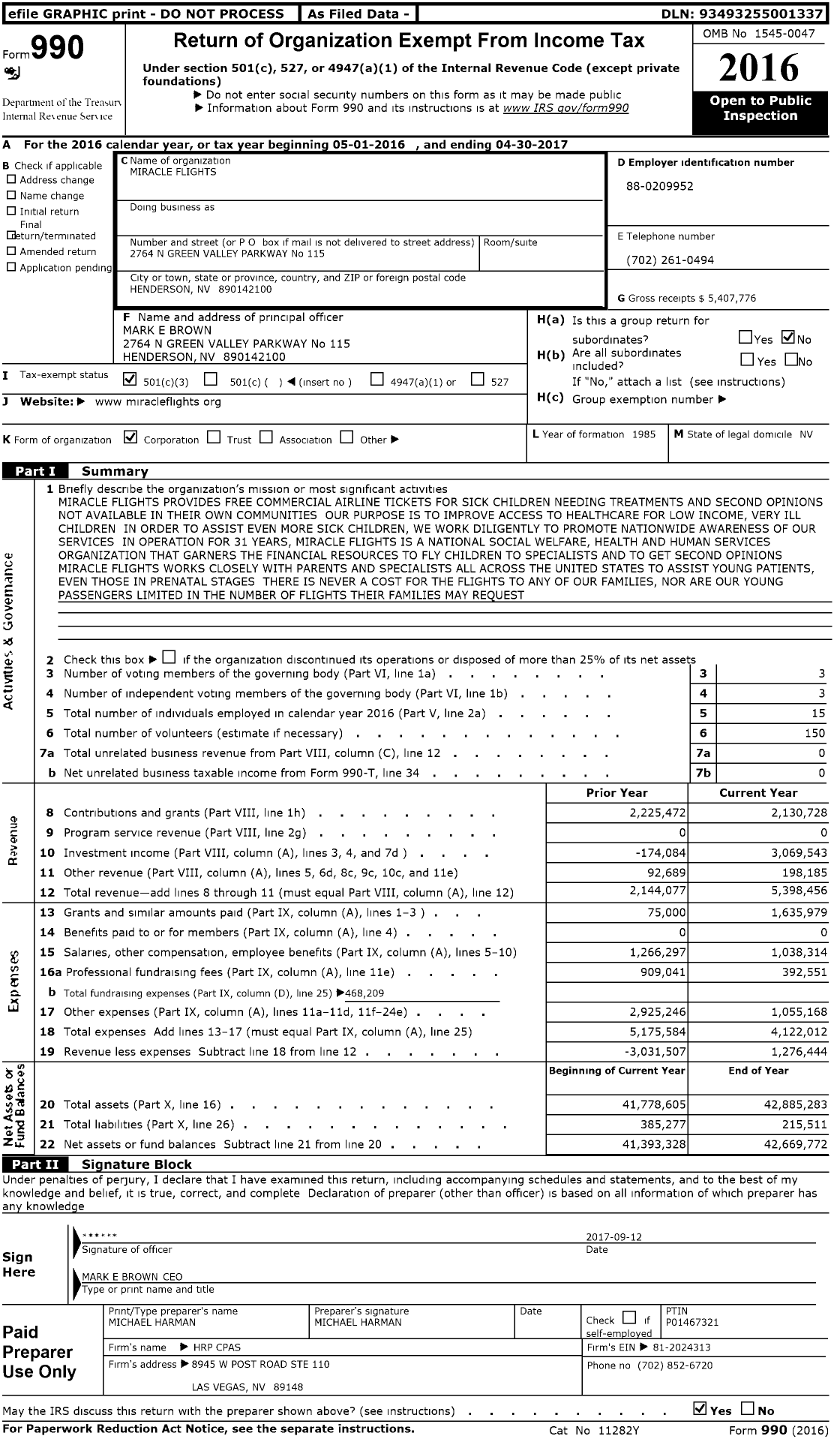 Image of first page of 2016 Form 990 for Miracle Flights