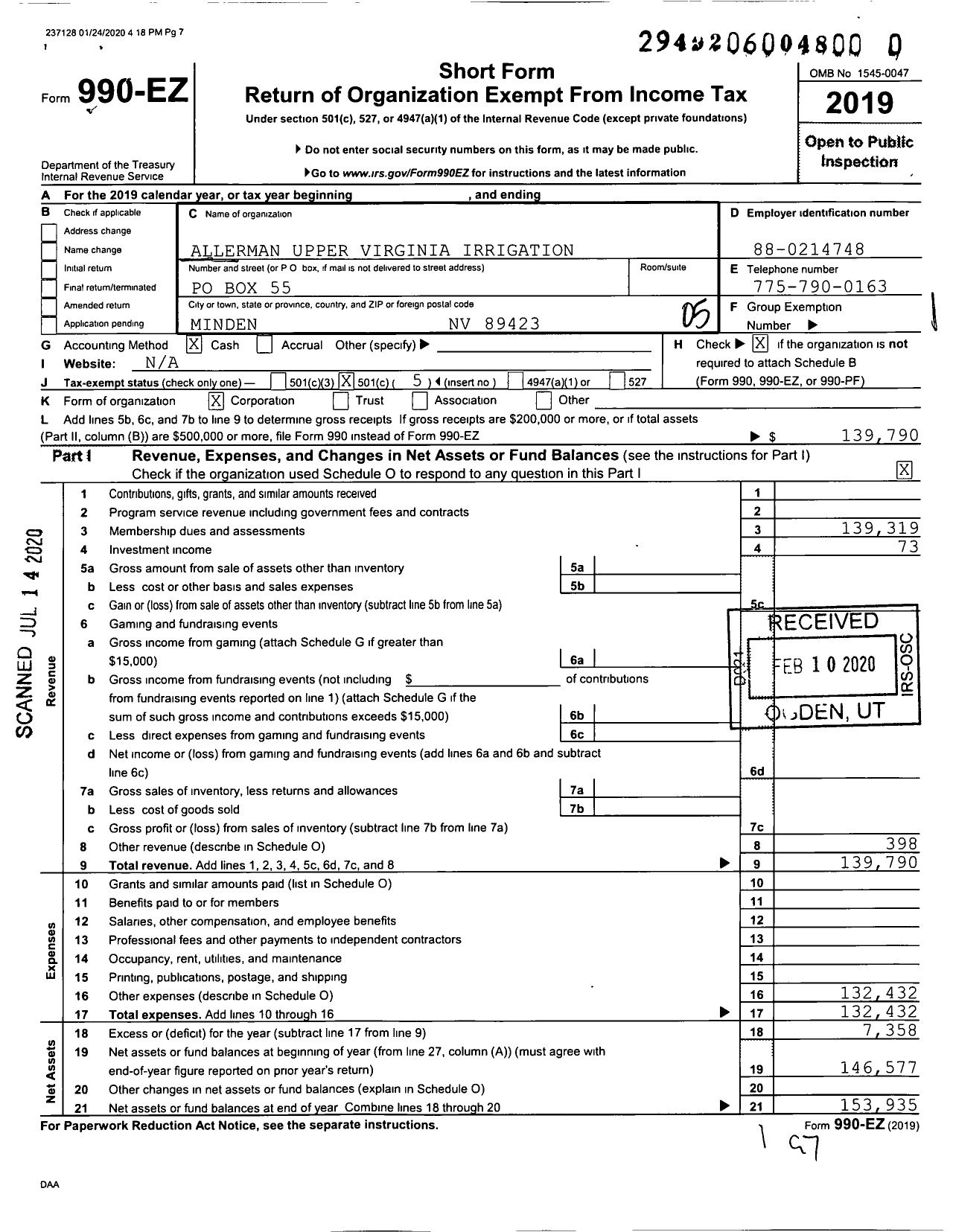 Image of first page of 2019 Form 990EO for Allerman Upper Virginia Irrigation