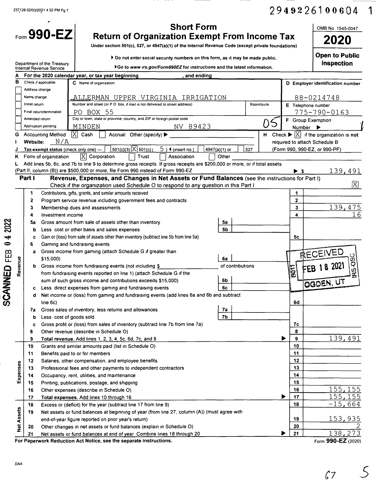 Image of first page of 2020 Form 990EO for Allerman Upper Virginia Irrigation