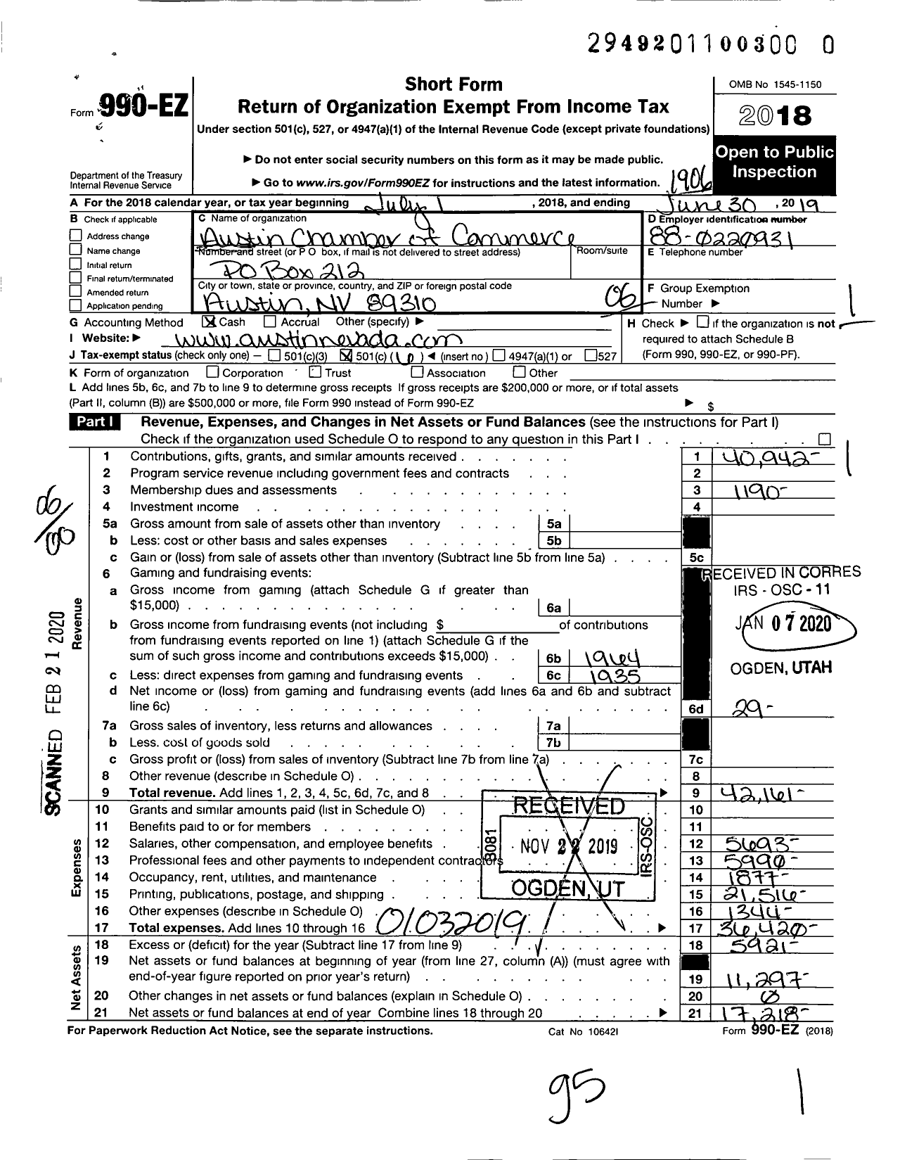 Image of first page of 2018 Form 990EO for Austin Chamber of Commerce