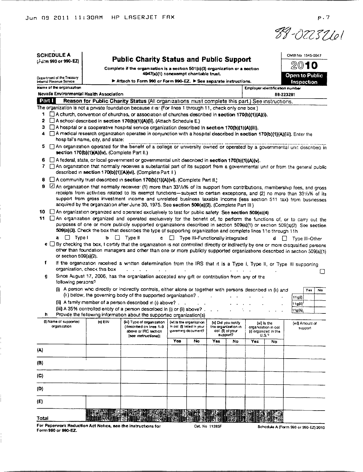 Image of first page of 2010 Form 990ER for Nevada Environmental Health Association