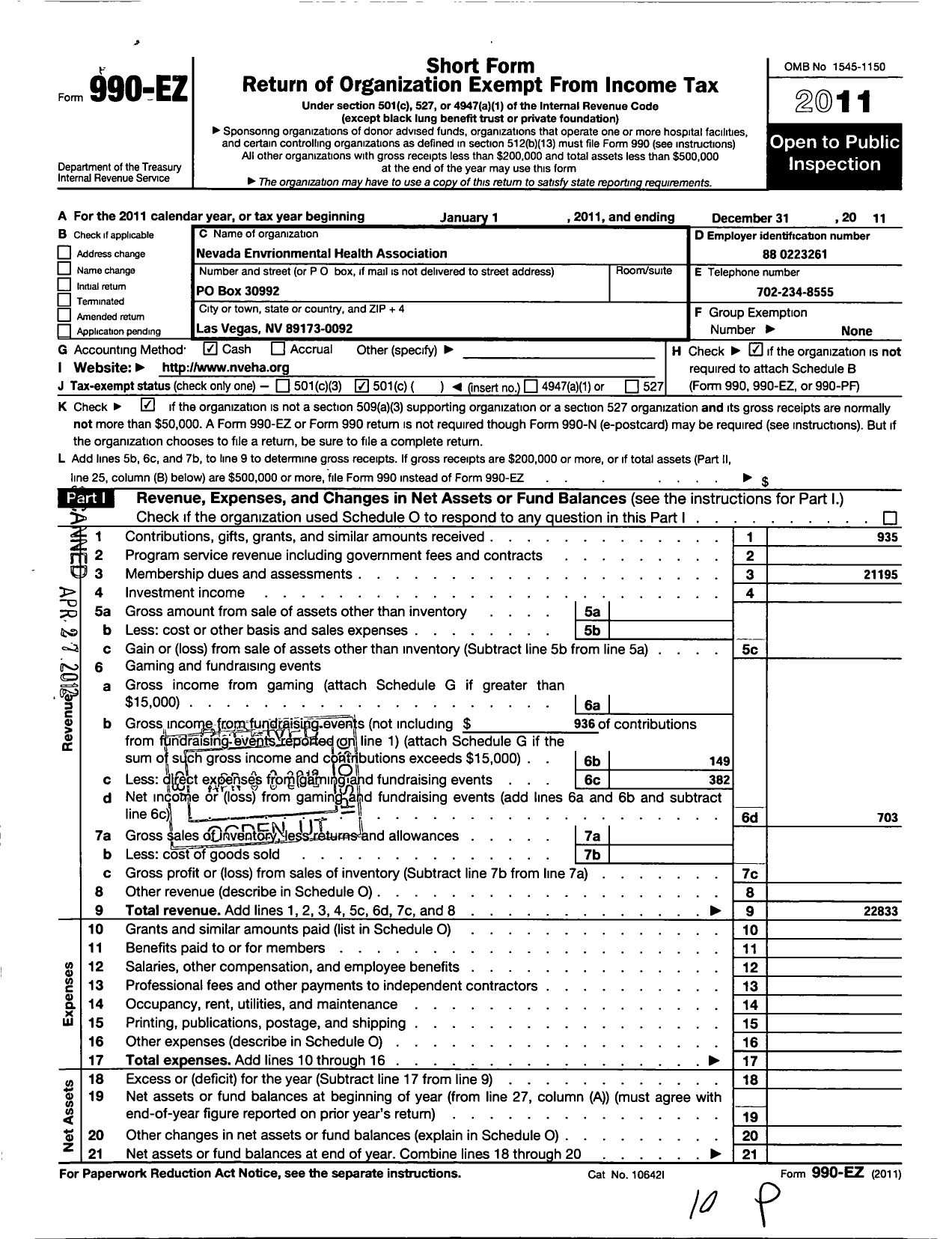 Image of first page of 2011 Form 990EZ for Nevada Environmental Health Association