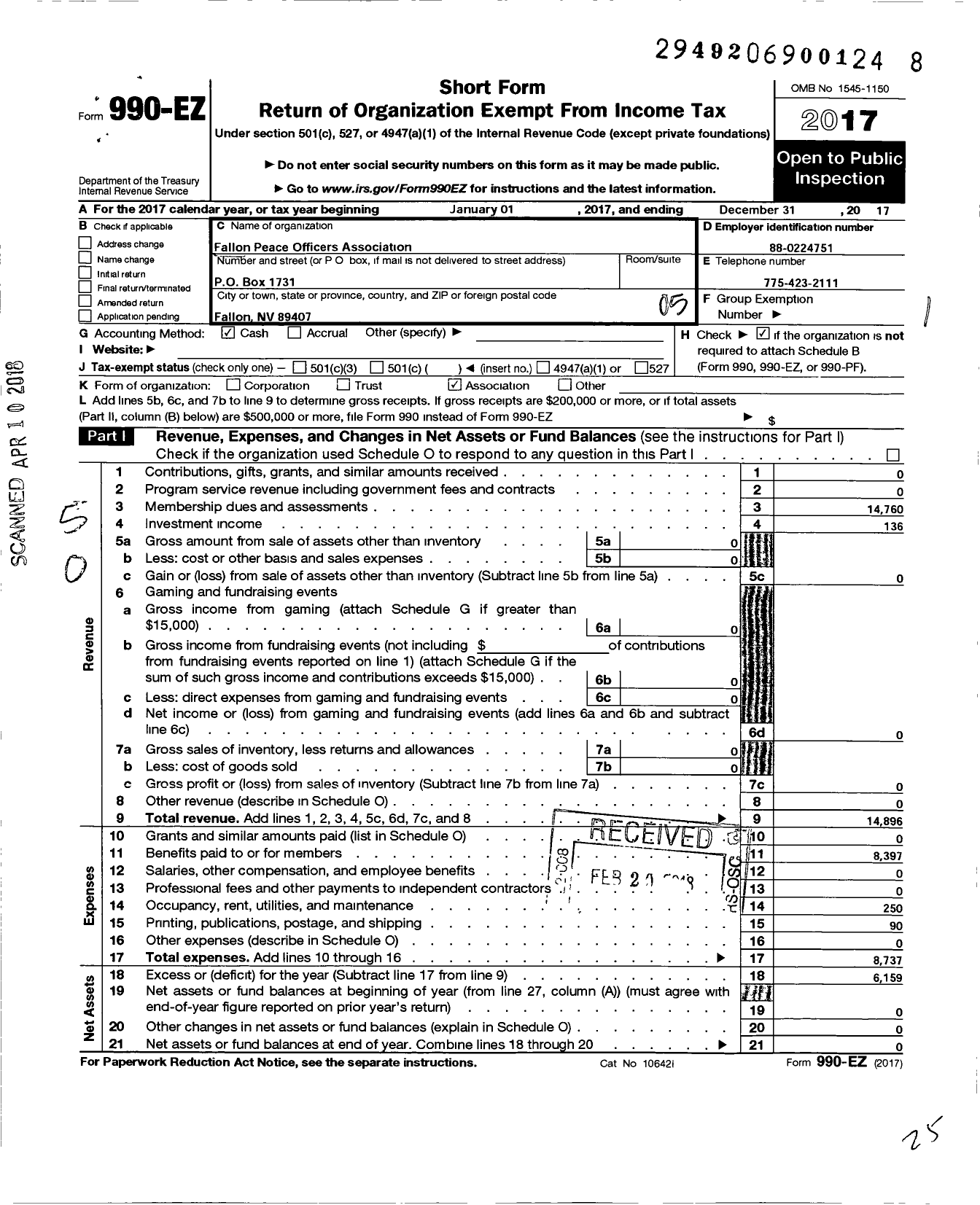 Image of first page of 2017 Form 990EO for Fallon Peace Officers Association