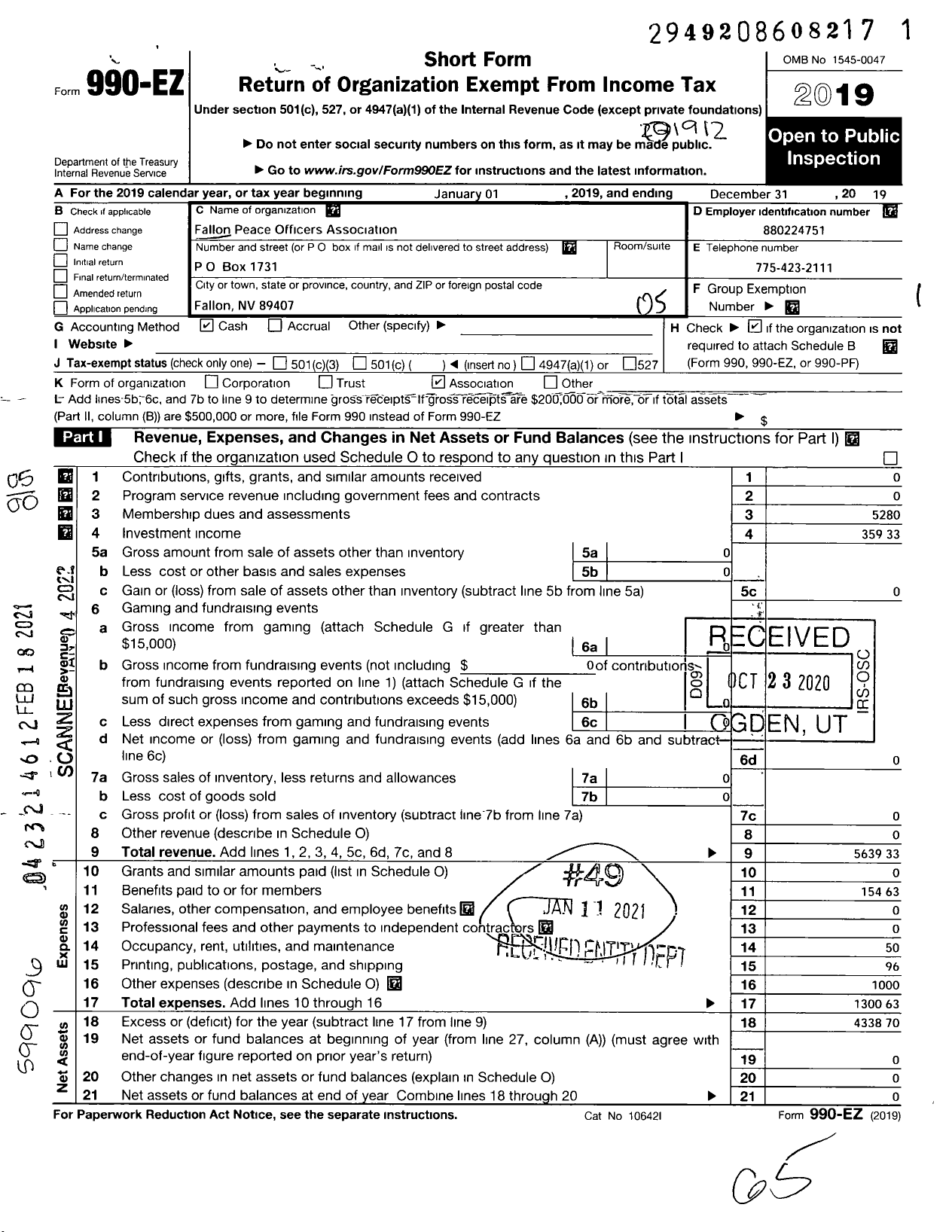 Image of first page of 2019 Form 990EO for Fallon Peace Officers Association