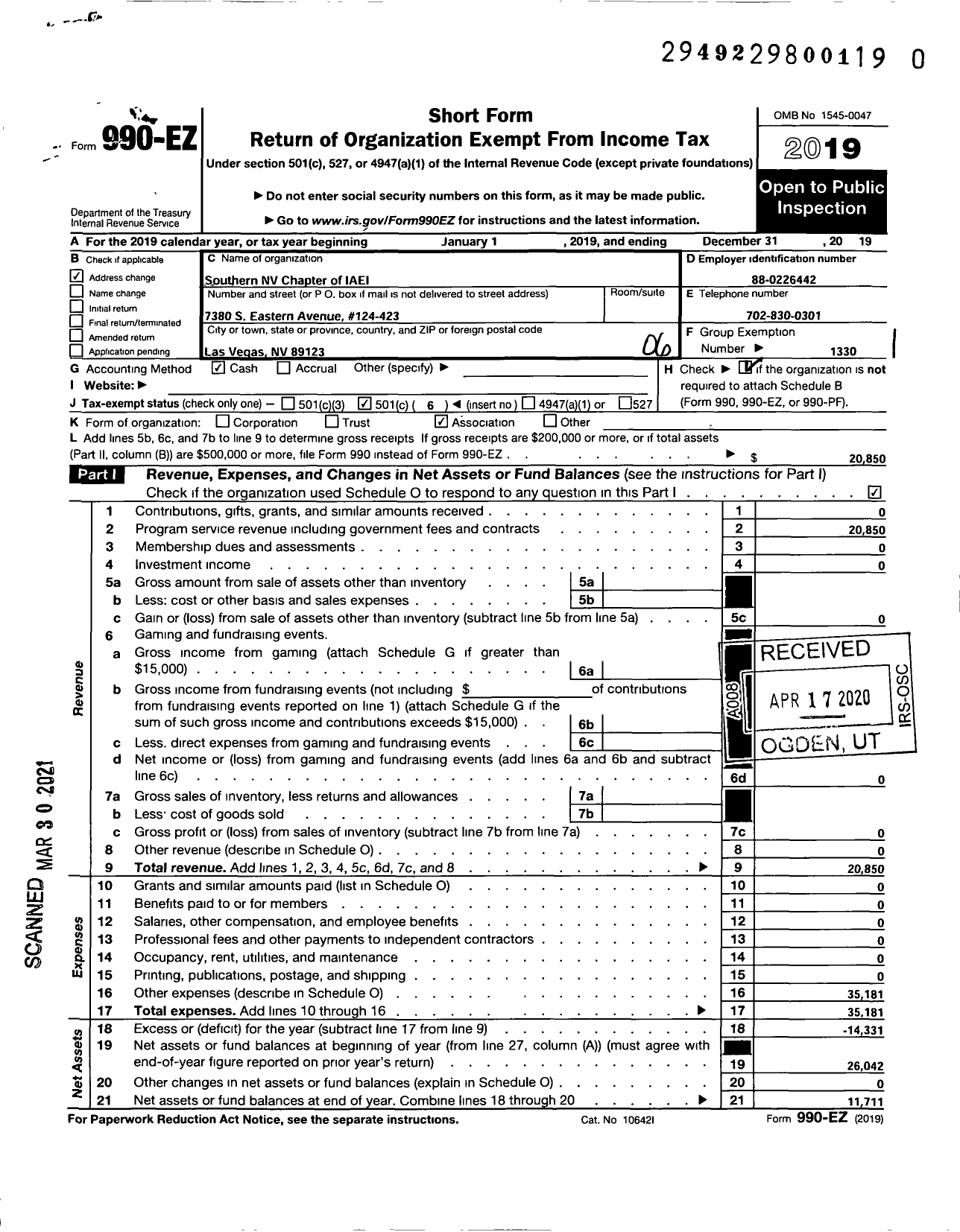 Image of first page of 2019 Form 990EO for Southern NV Chapter Southwestern Section Iaei