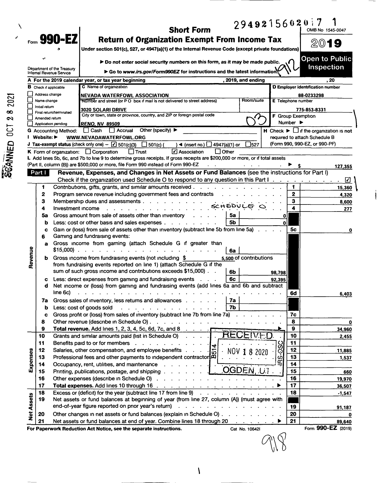 Image of first page of 2019 Form 990EZ for Nevada Waterfowl Association