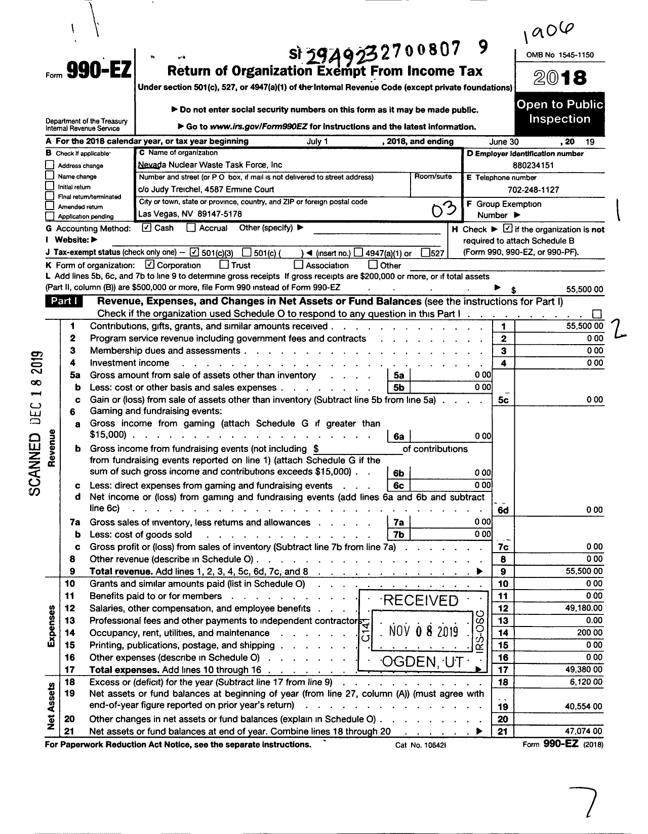 Image of first page of 2018 Form 990EZ for Nevada Nuclear Waste Task Force