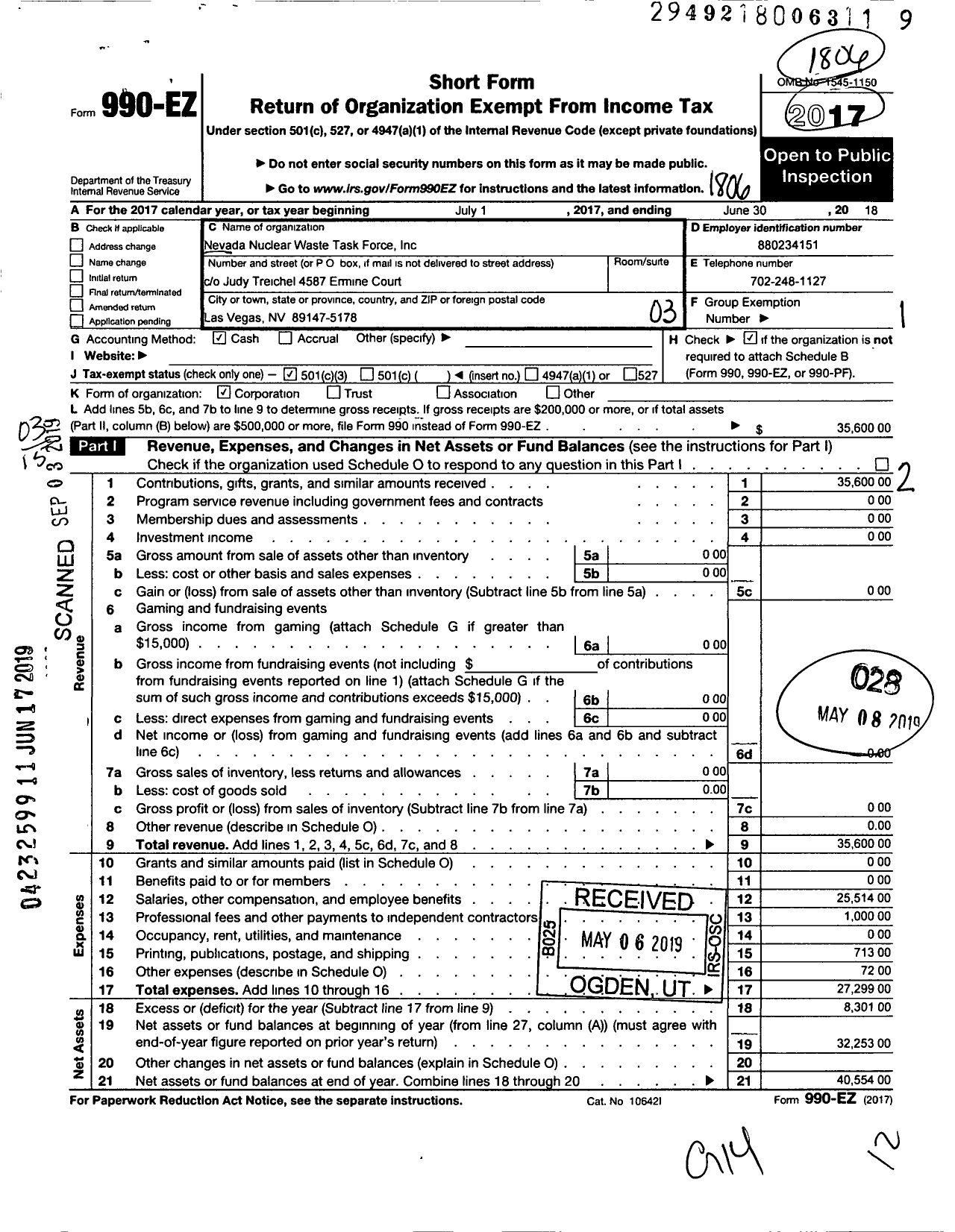 Image of first page of 2017 Form 990EZ for Nevada Nuclear Waste Task Force