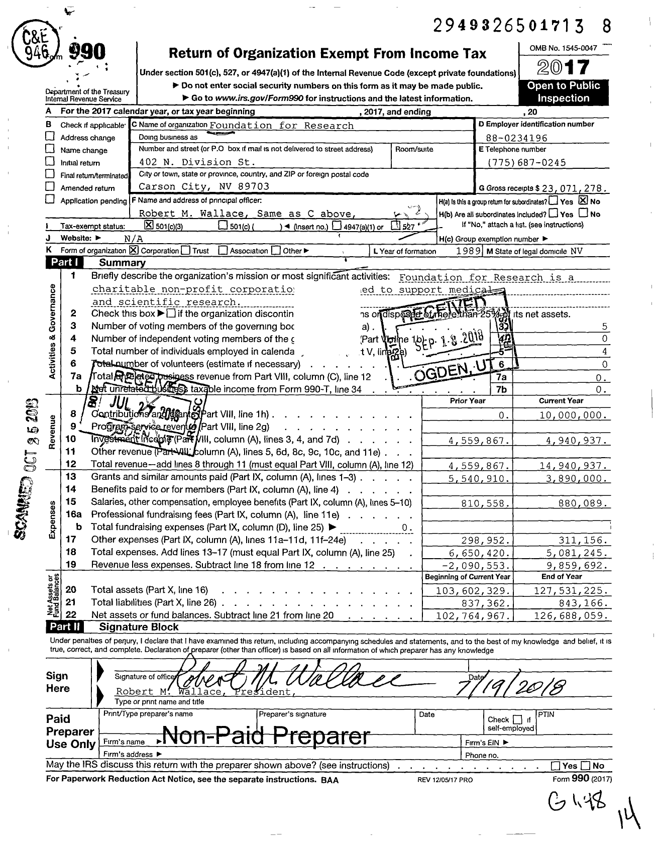 Image of first page of 2017 Form 990 for Foundation for Research