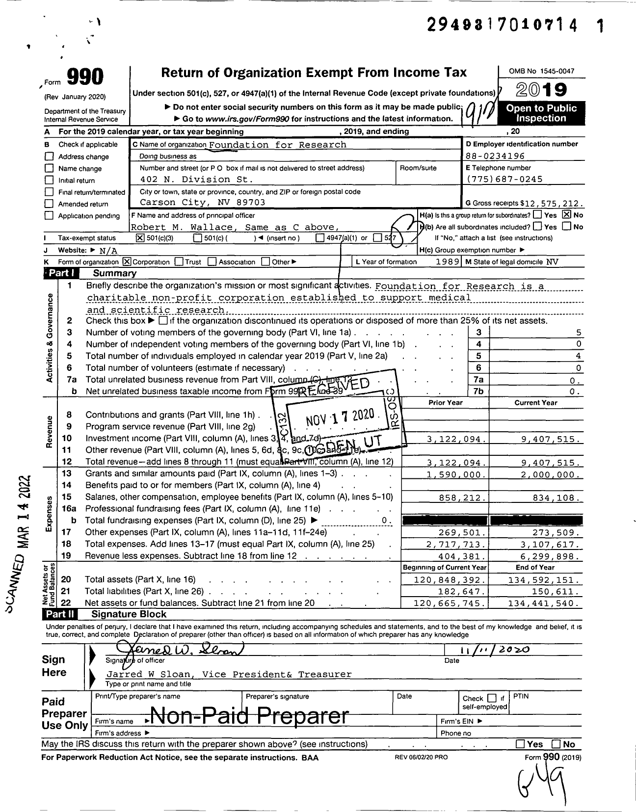 Image of first page of 2019 Form 990 for Foundation for Research