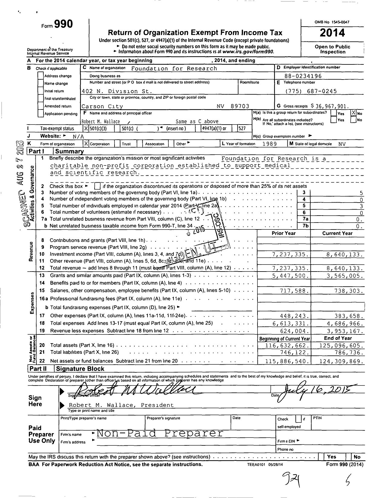 Image of first page of 2014 Form 990 for Foundation for Research
