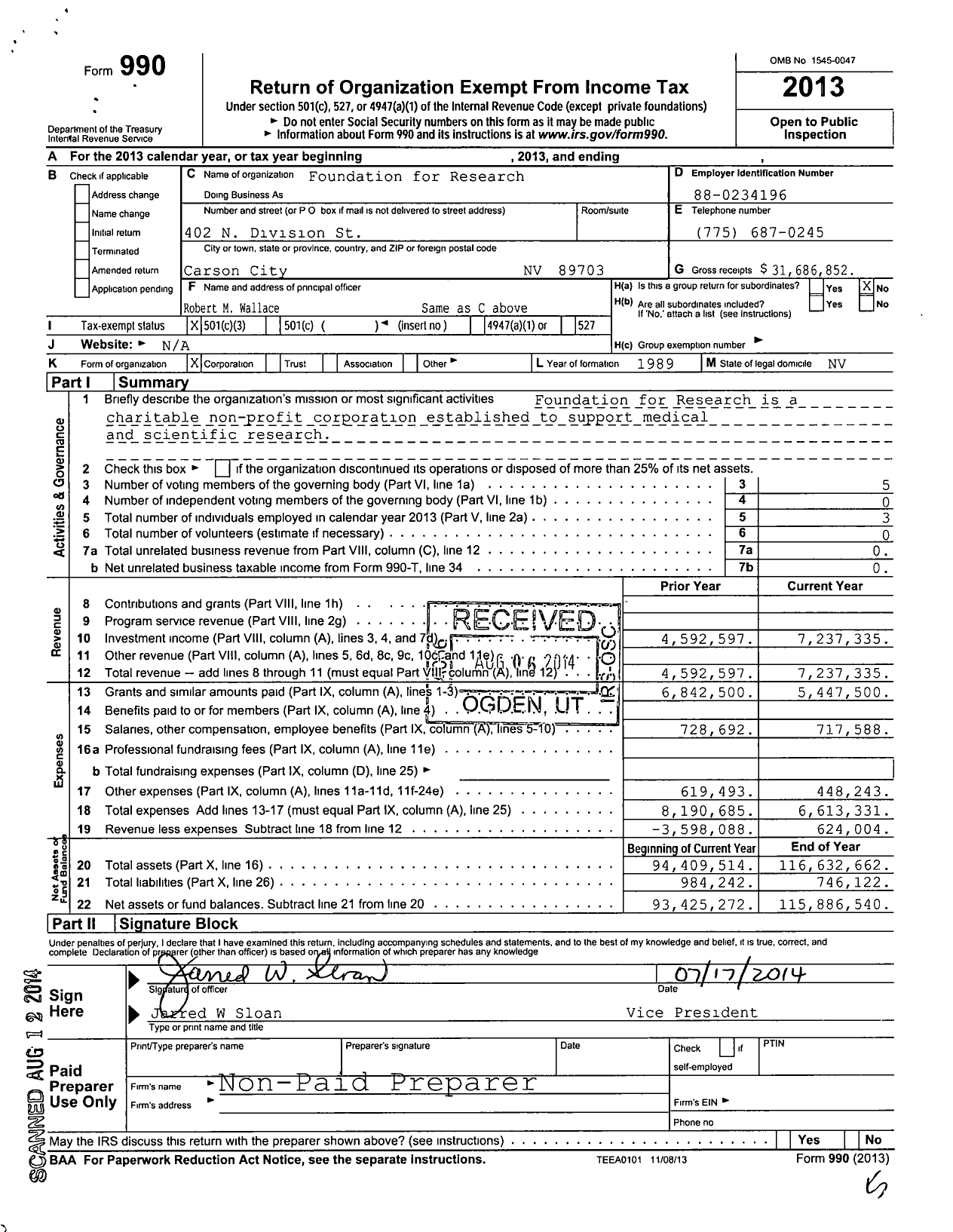 Image of first page of 2013 Form 990 for Foundation for Research