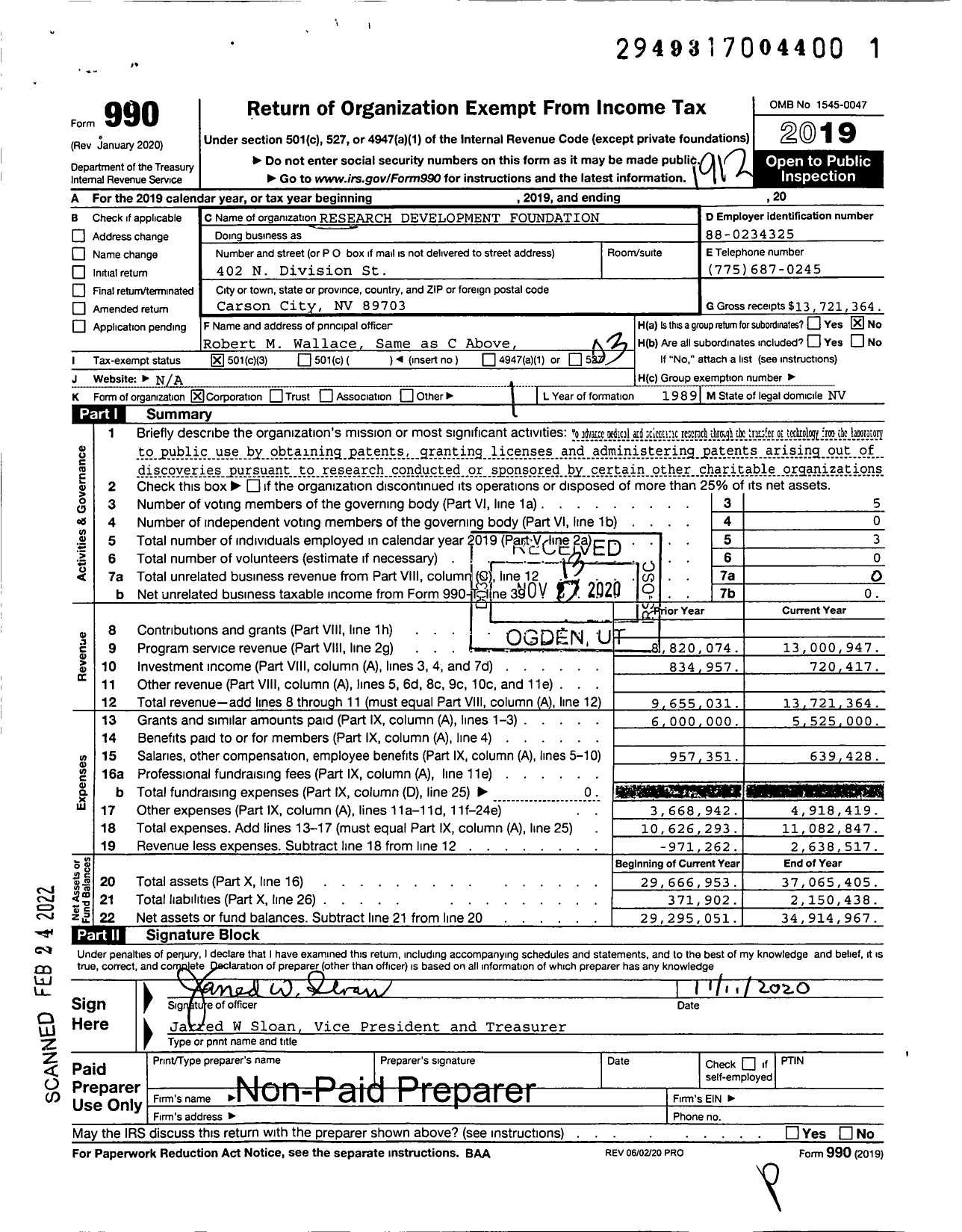 Image of first page of 2019 Form 990 for Research Development Foundation