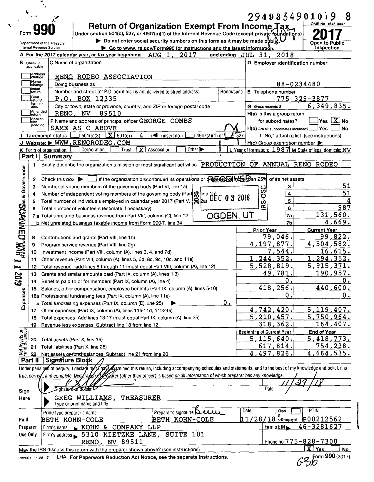 Image of first page of 2017 Form 990O for Reno Rodeo Association