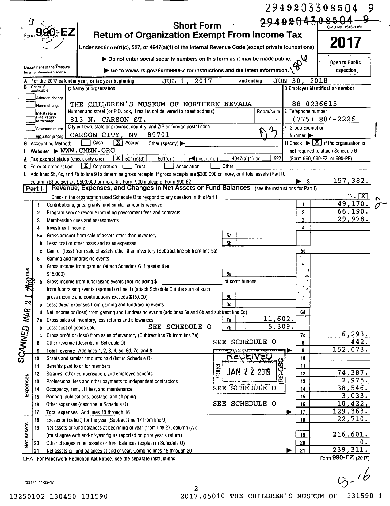 Image of first page of 2017 Form 990EZ for The Children's Museum of Northern Nevada