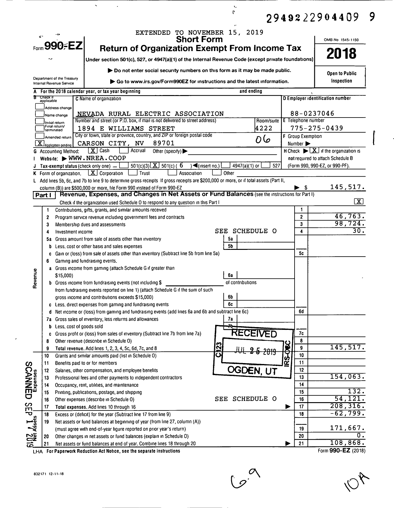 Image of first page of 2018 Form 990EO for Nevada Rural Electric Association