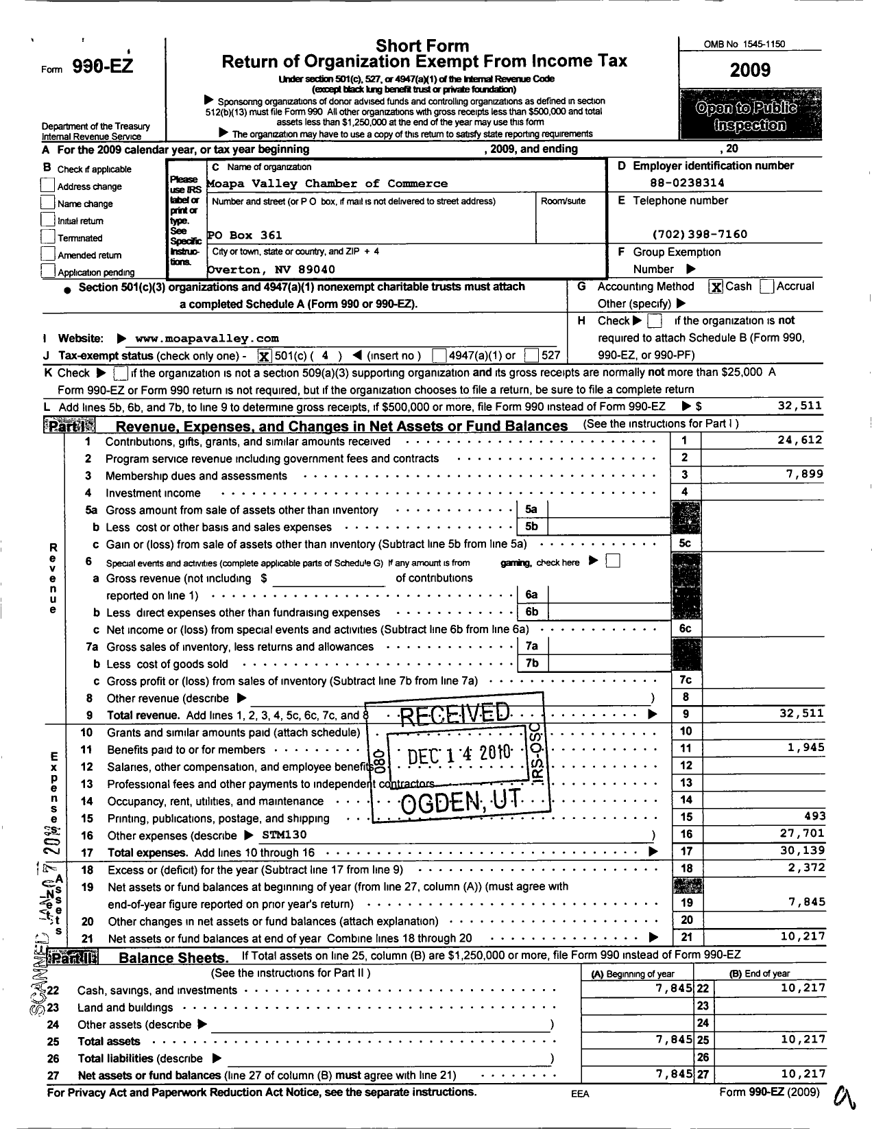 Image of first page of 2009 Form 990EO for Moapa Valley Chamber of Commerce