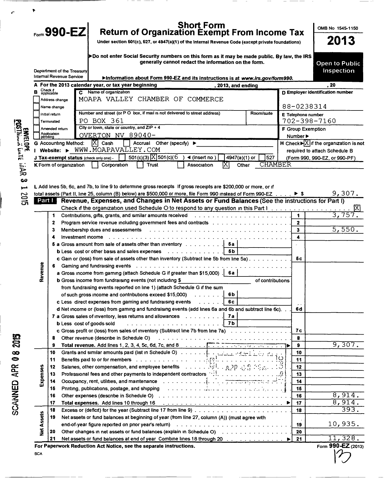 Image of first page of 2013 Form 990EO for Moapa Valley Chamber of Commerce