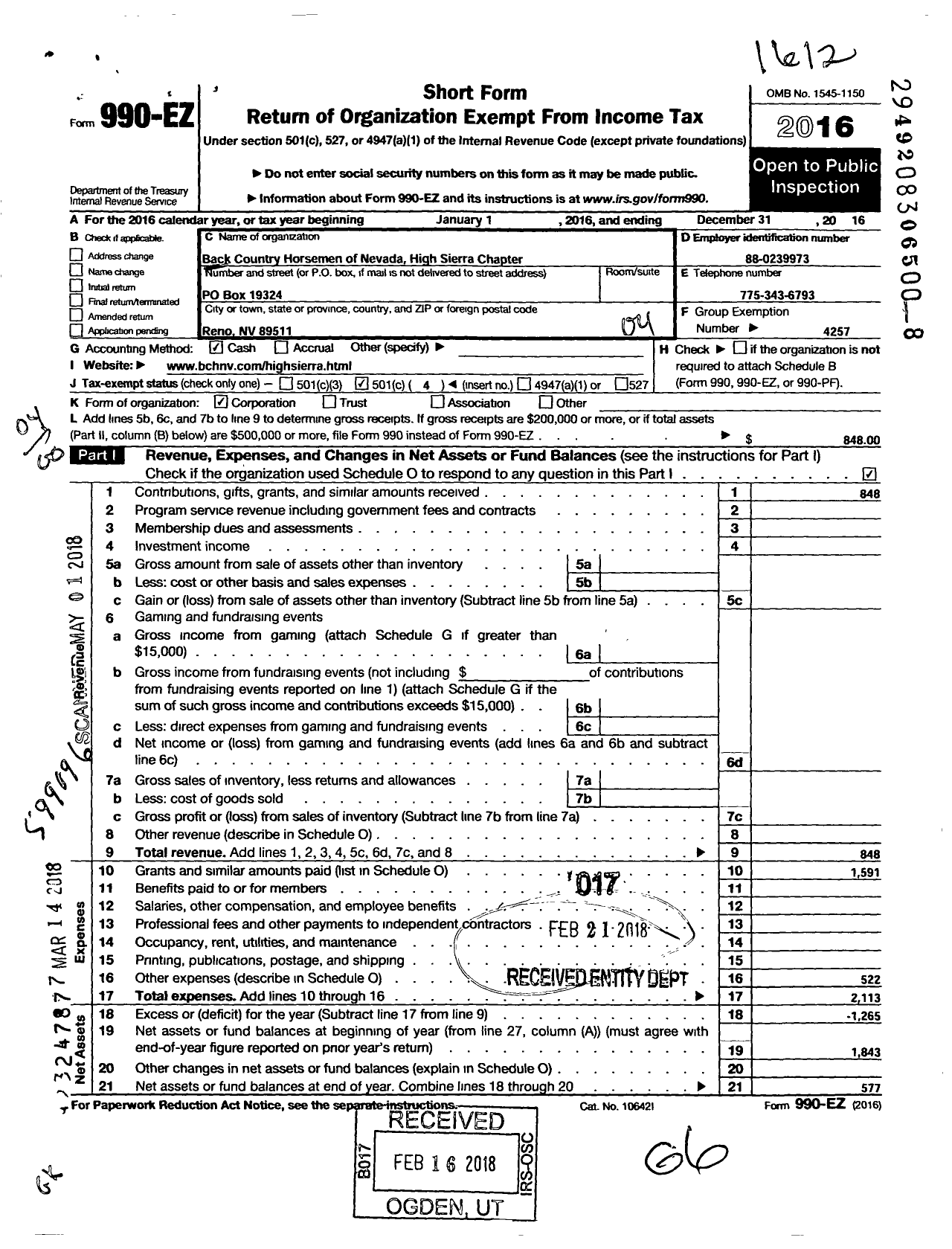 Image of first page of 2016 Form 990EO for Back Country Horsemen of Nevada