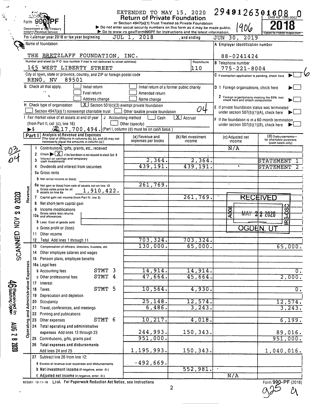 Image of first page of 2018 Form 990PF for The Bretzlaff Foundation