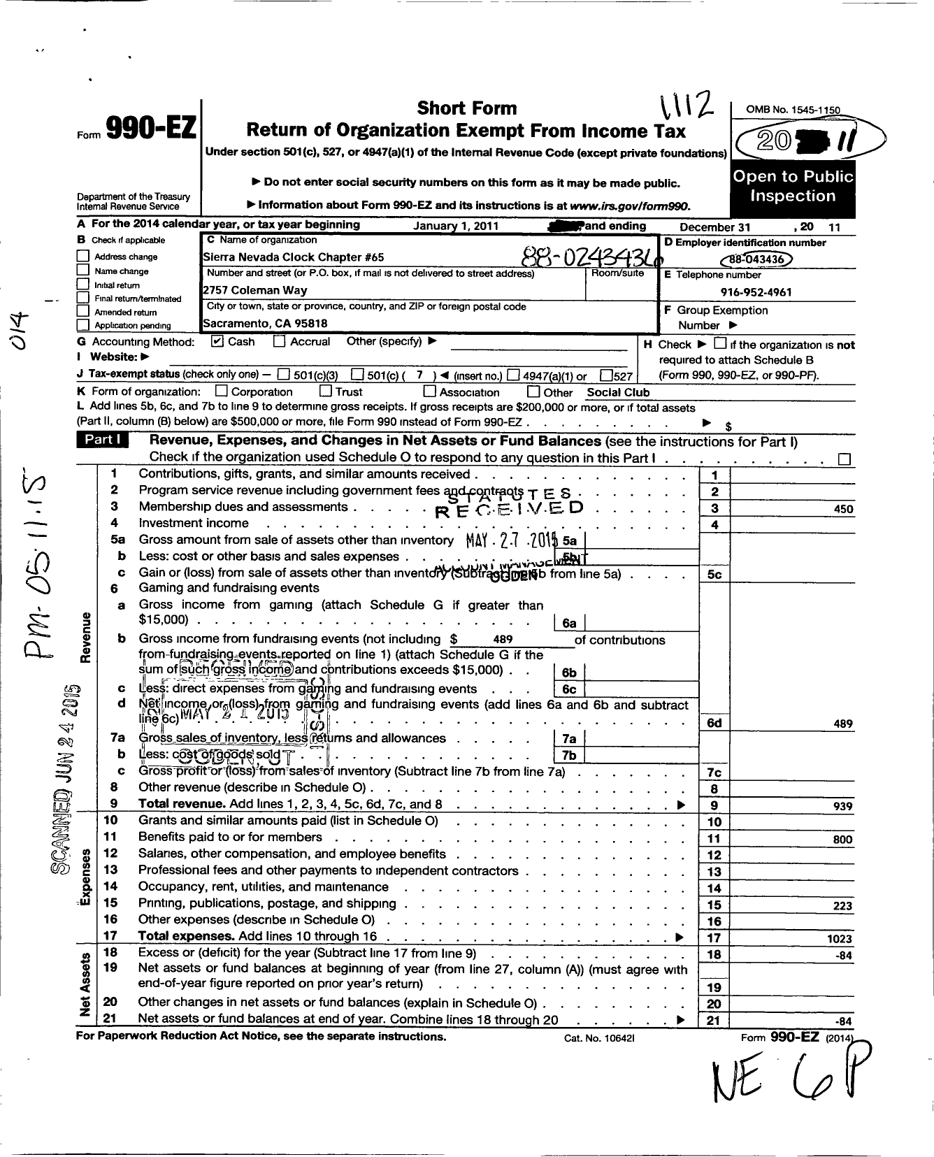 Image of first page of 2011 Form 990EO for Sierra Nevada Clock Chapter 65