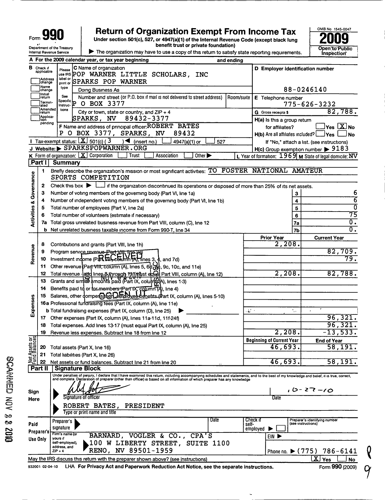 Image of first page of 2009 Form 990 for Pop Warner Little Scholars / Sparks Pop Warner