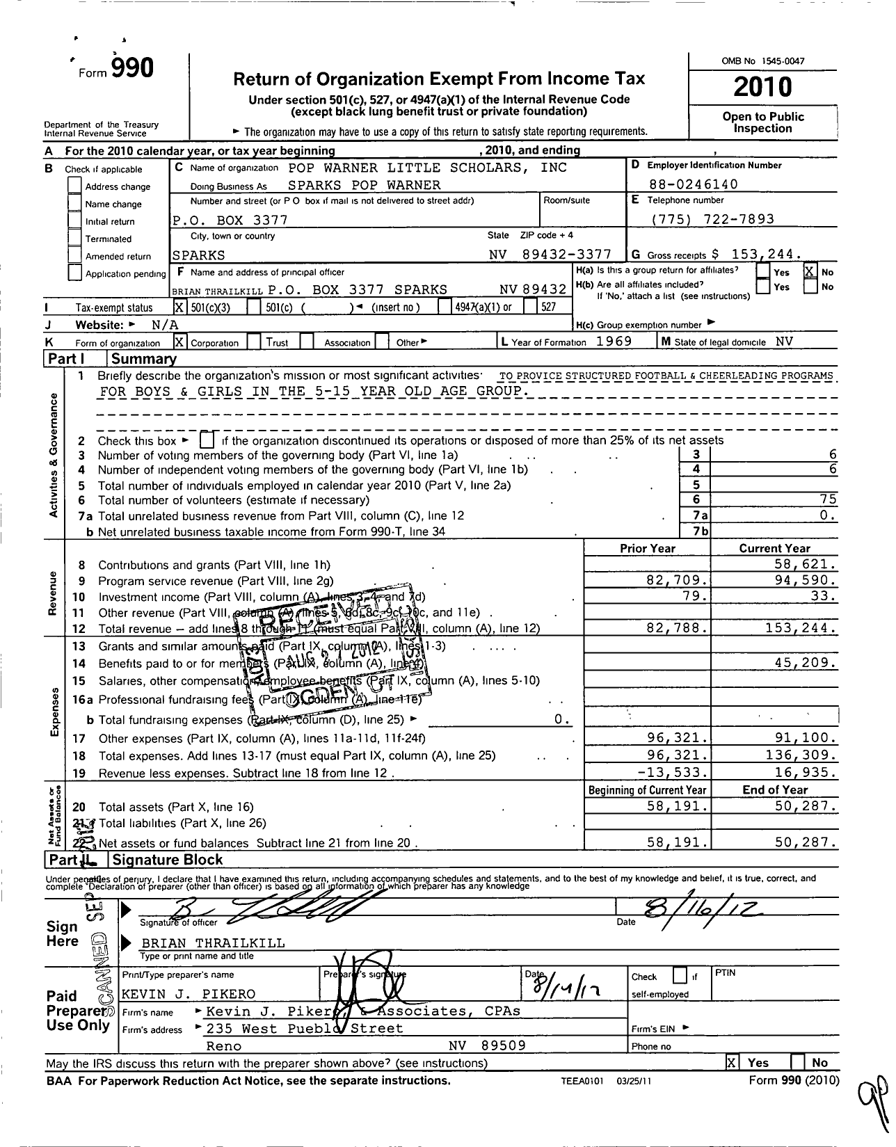 Image of first page of 2010 Form 990 for Pop Warner Little Scholars / Sparks Pop Warner