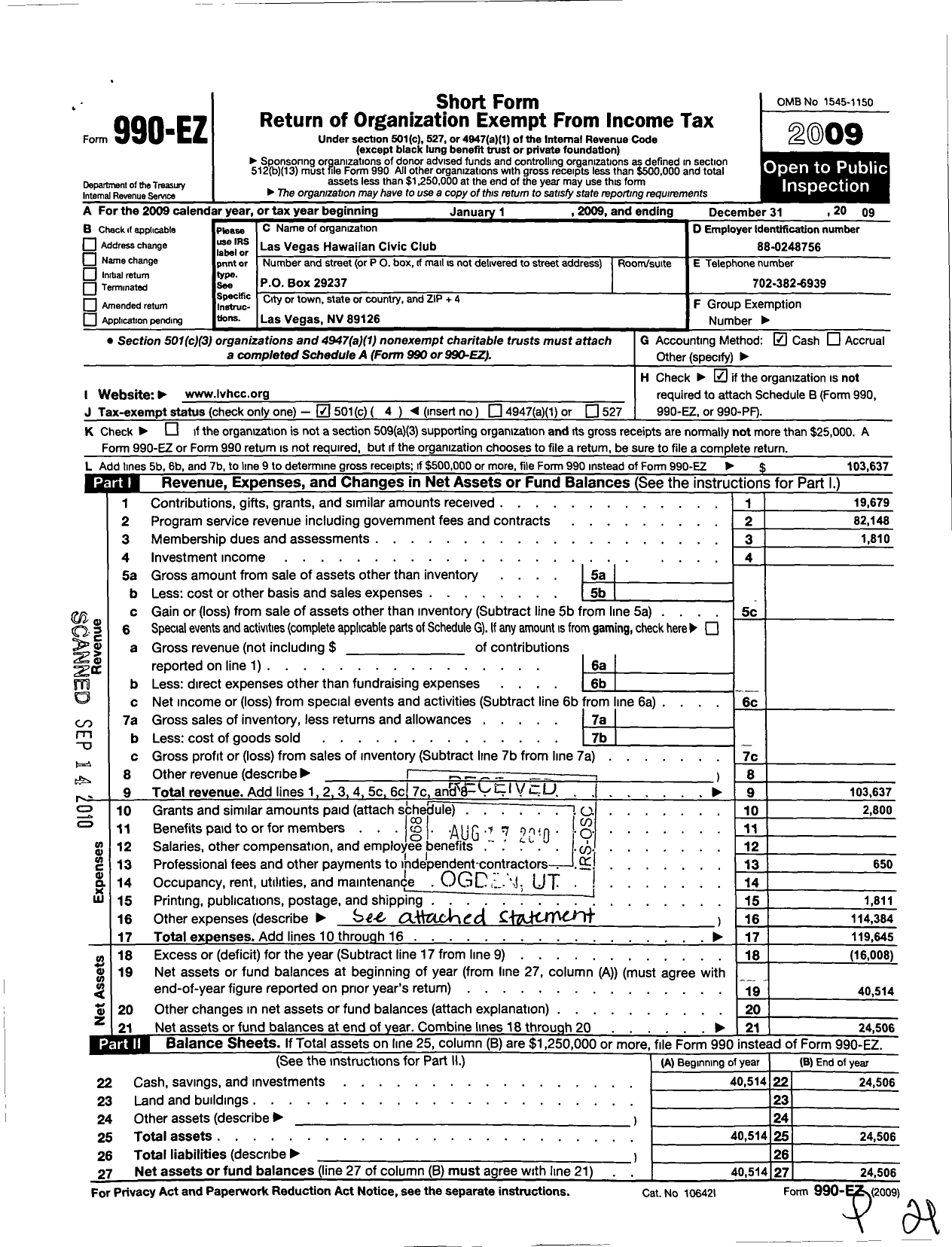 Image of first page of 2009 Form 990EO for Las Vegas Hawaiian Civic Club