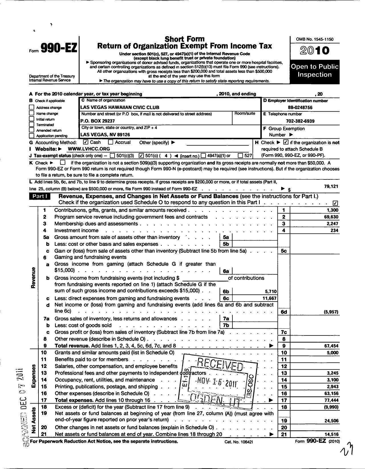 Image of first page of 2010 Form 990EO for Las Vegas Hawaiian Civic Club