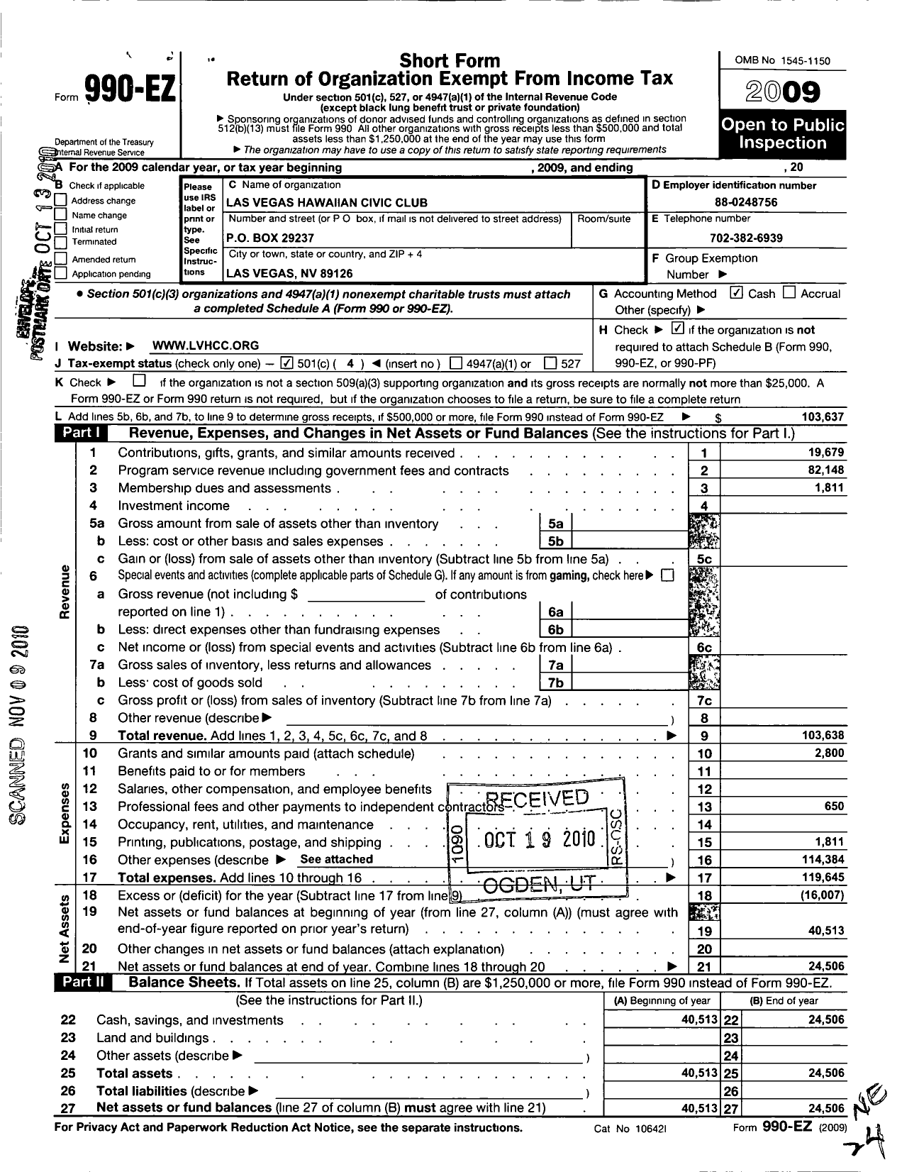 Image of first page of 2009 Form 990EO for Las Vegas Hawaiian Civic Club