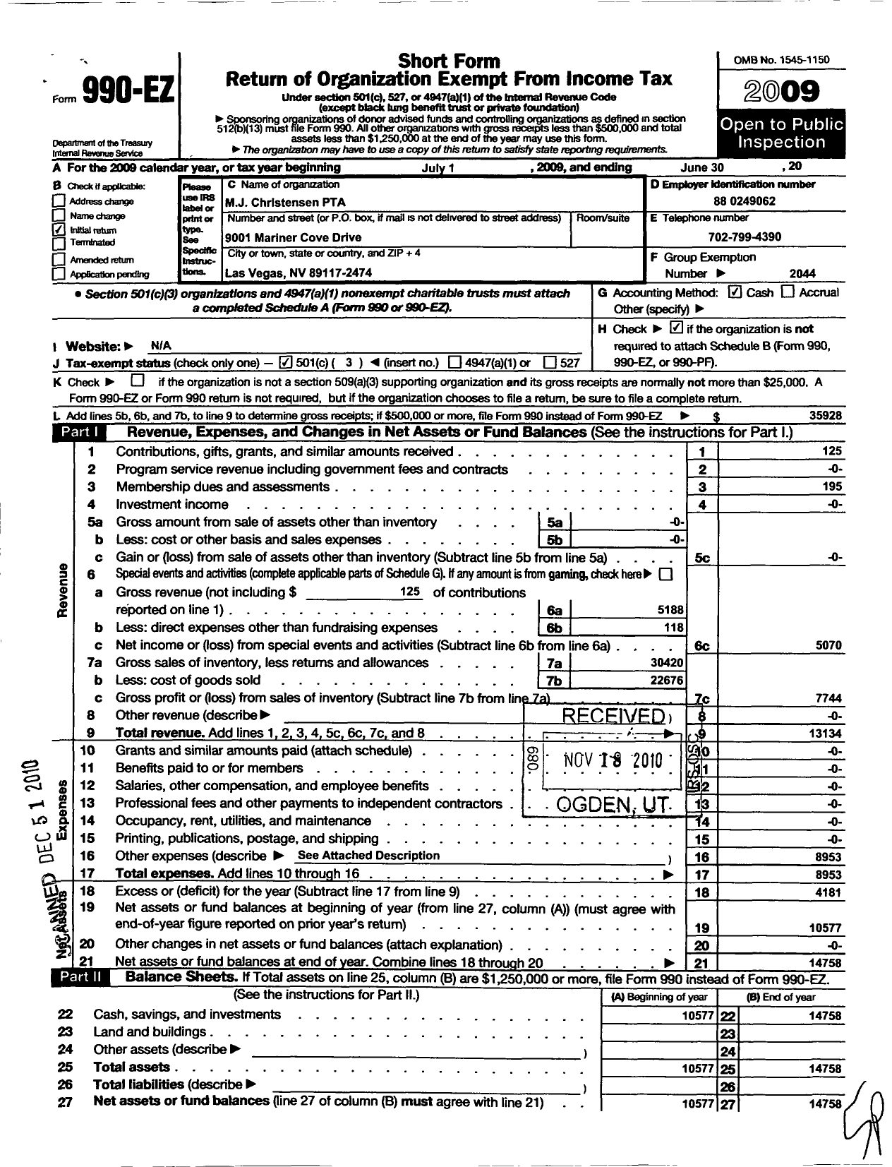 Image of first page of 2008 Form 990EZ for MJ Christensen PTA