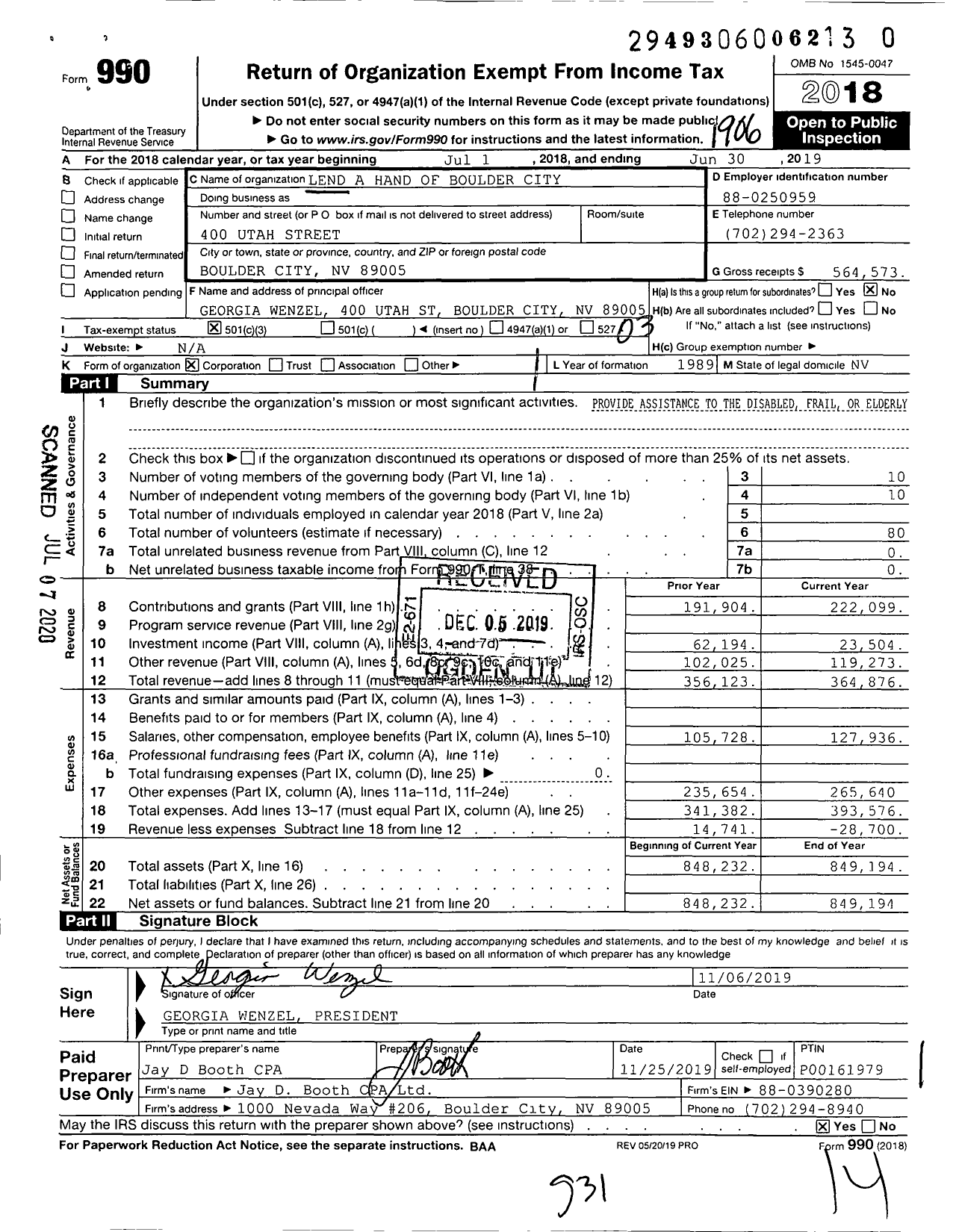 Image of first page of 2018 Form 990 for Lend A Hand of Boulder City