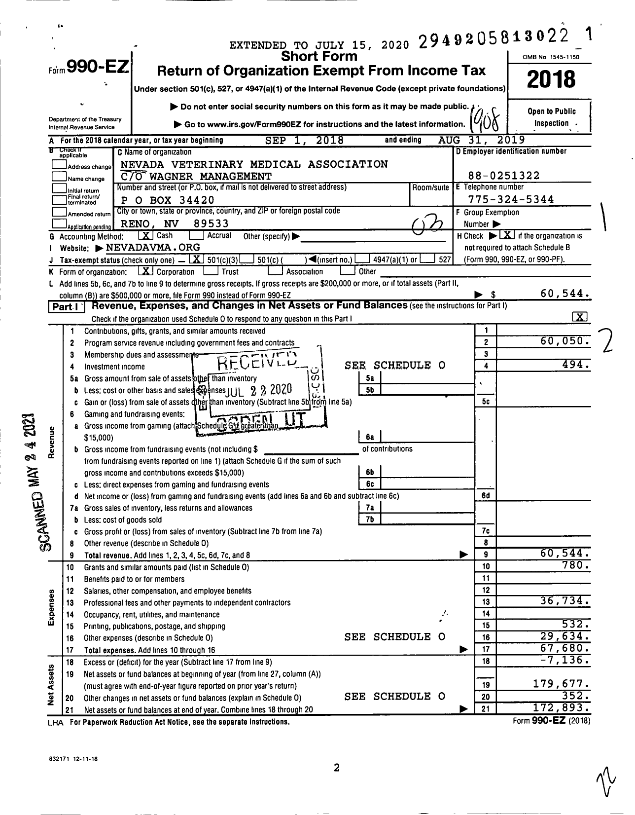 Image of first page of 2018 Form 990EZ for Nevada Veterinary Medical Association