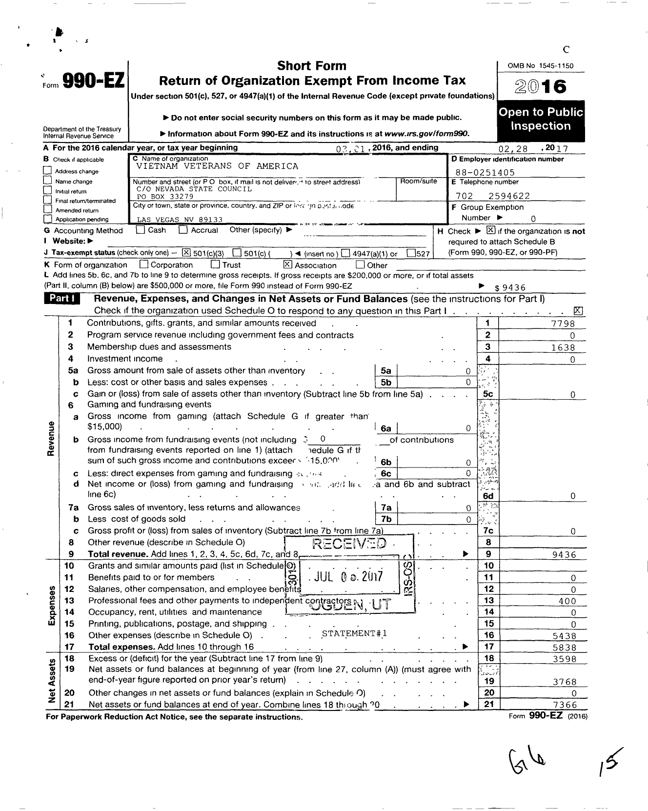 Image of first page of 2016 Form 990EZ for Vietnam Veterans of America - 9 Vva Nevada State Council