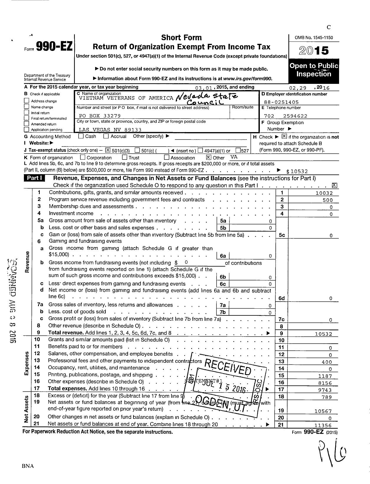 Image of first page of 2015 Form 990EZ for Vietnam Veterans of America - 9 Vva Nevada State Council