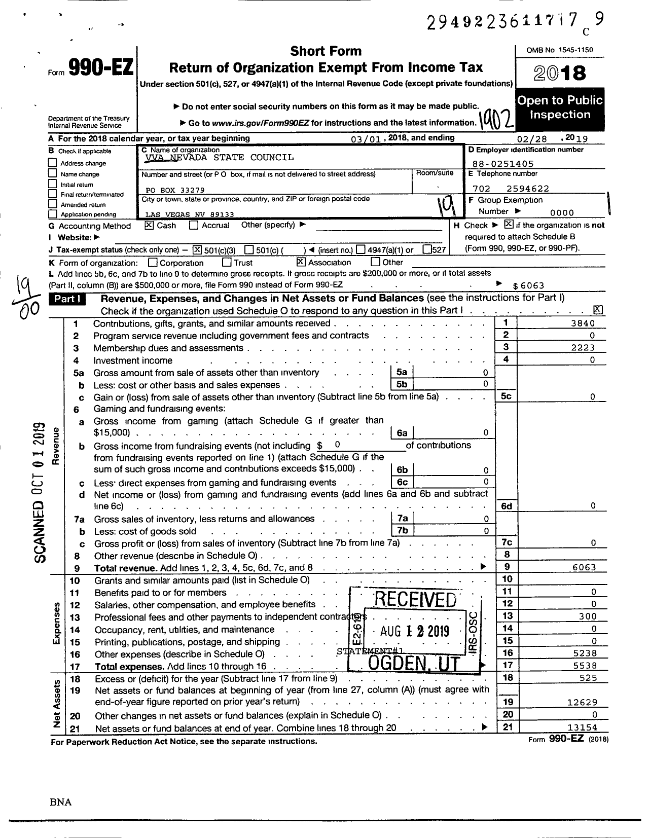 Image of first page of 2018 Form 990EO for Vietnam Veterans of America - 9 Vva Nevada State Council