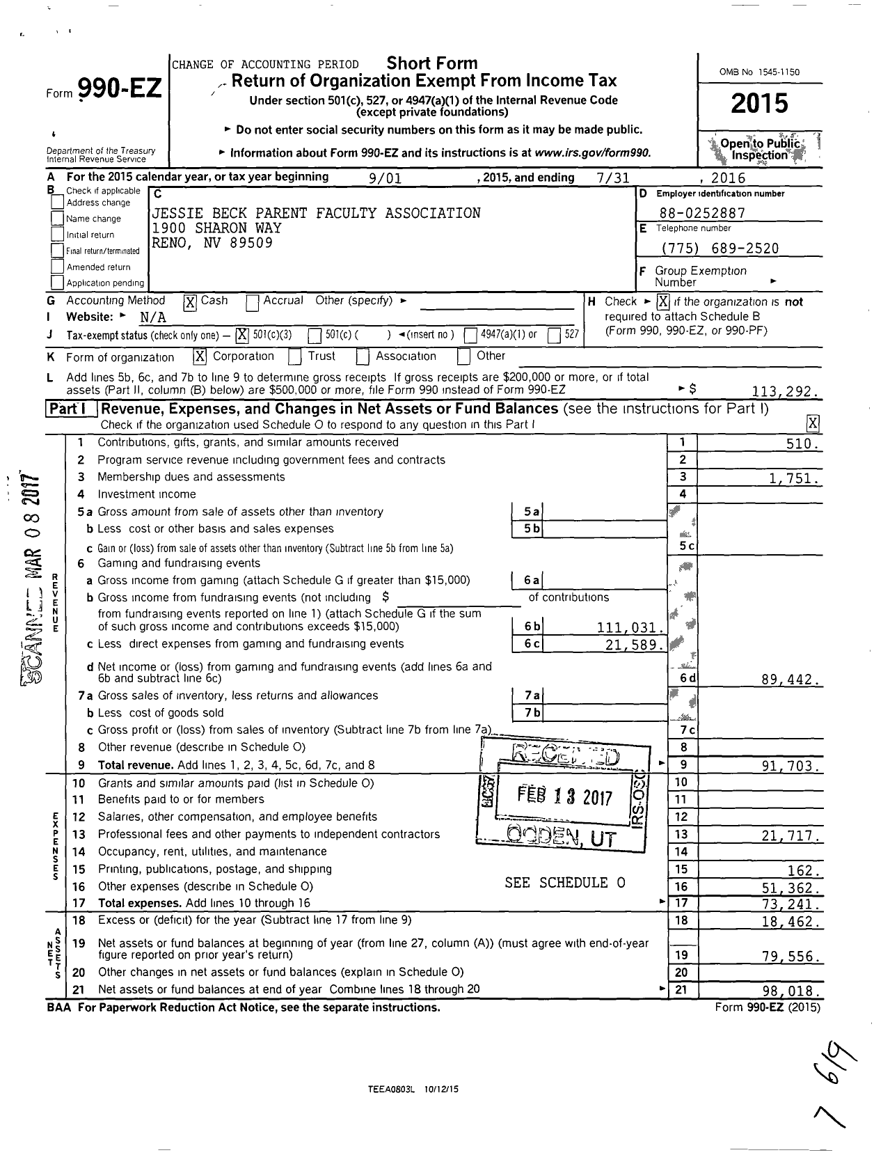 Image of first page of 2015 Form 990EZ for Jessie Beck Parent Faculty Association