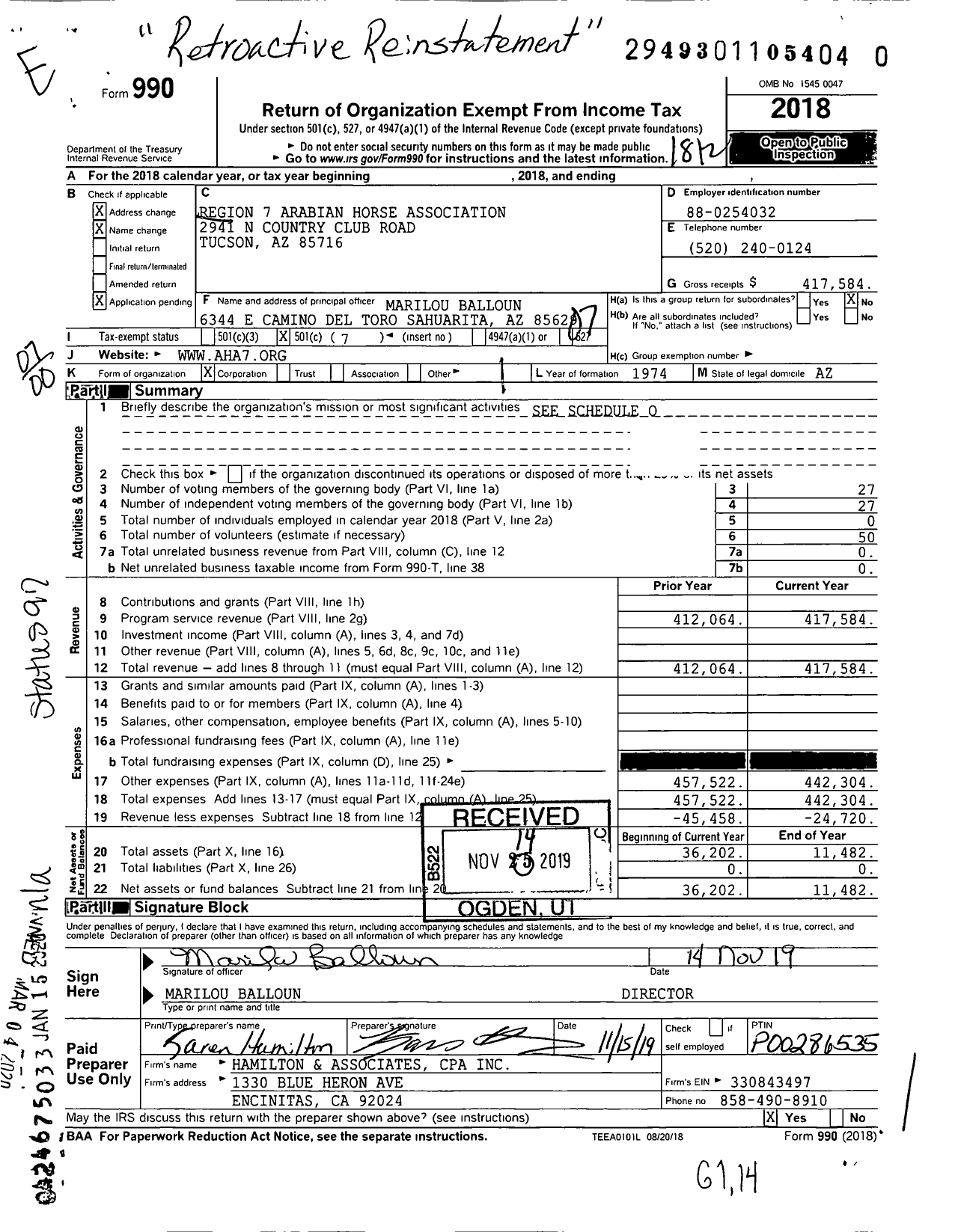 Image of first page of 2018 Form 990O for Region 7 Arabian Horse Association