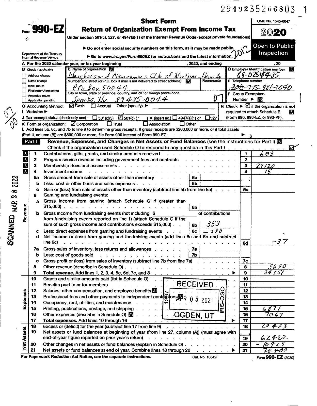 Image of first page of 2020 Form 990EO for Newcomers and Neighbors Club of Northern Nevada