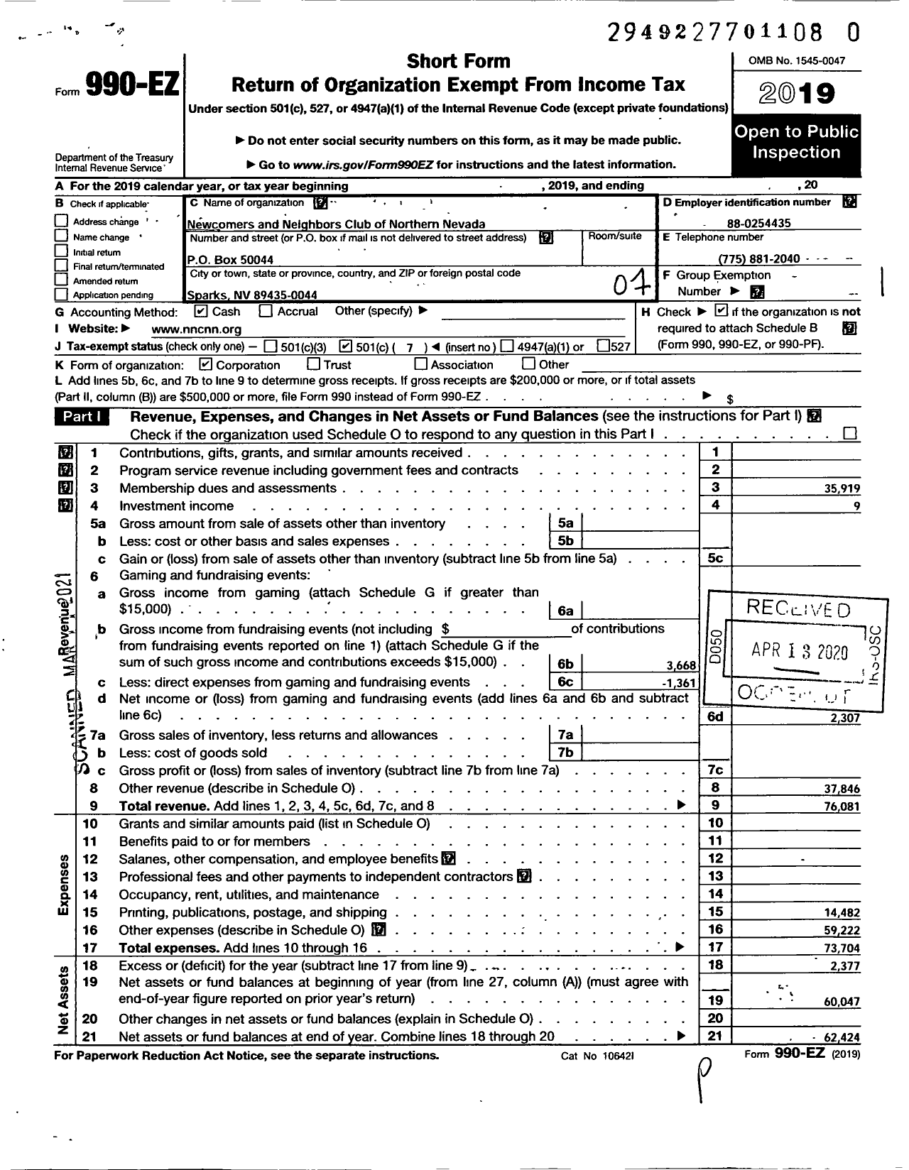 Image of first page of 2019 Form 990EO for Newcomers and Neighbors Club of Northern Nevada
